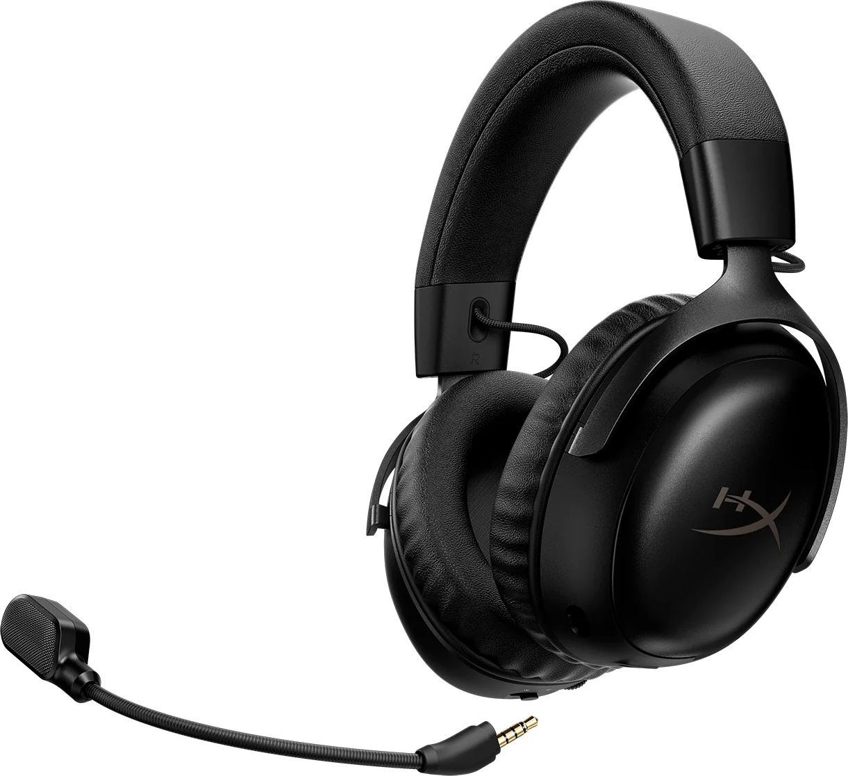 Cuffie da gaming nere con microfono e spina jack, su sfondo bianco.