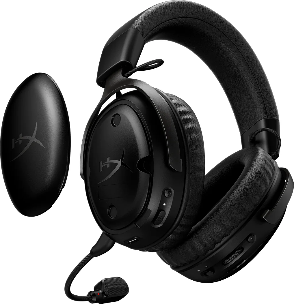 Cuffie wireless nere con microfono e trasmettitore ovale.