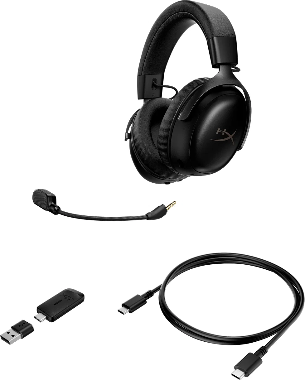Cuffie nere con microfono, dongle USB e cavo USB-C su sfondo bianco.