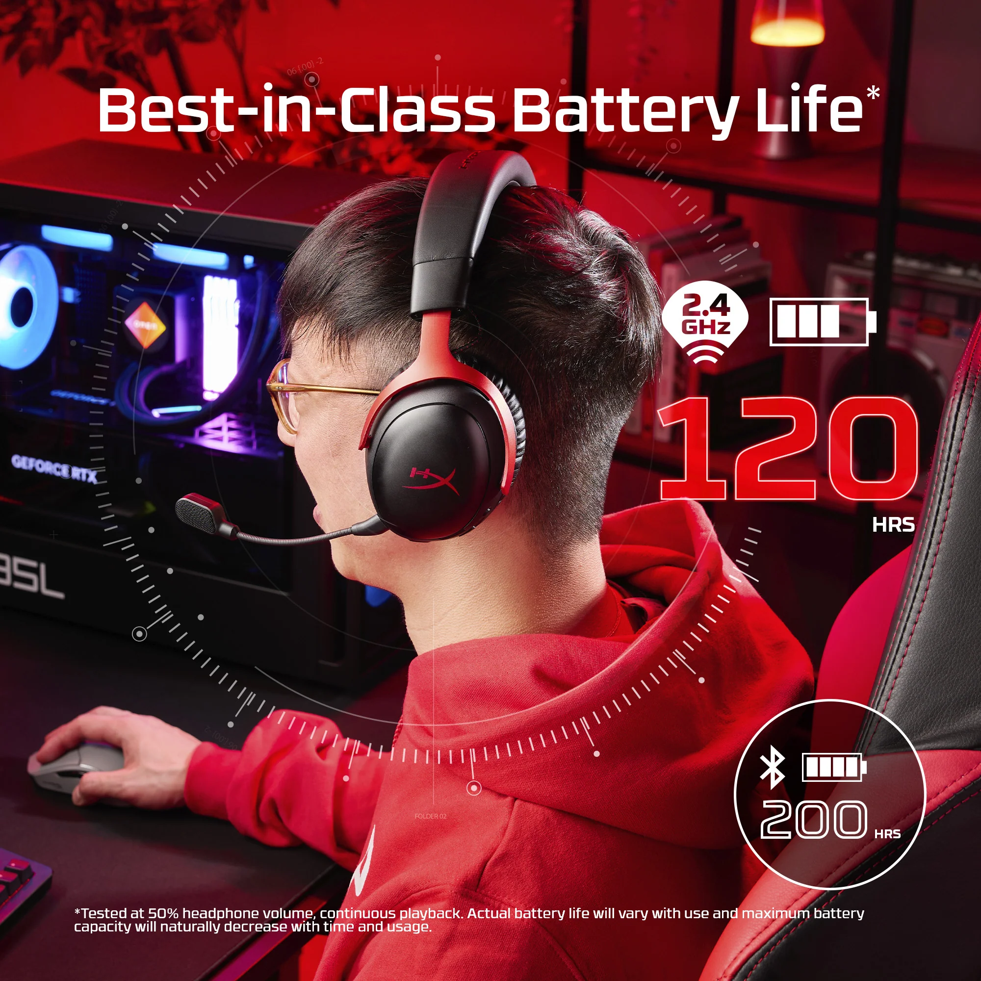 Uomo con cuffie seduto davanti a un PC. Il testo indica 120/200 ore di batteria.