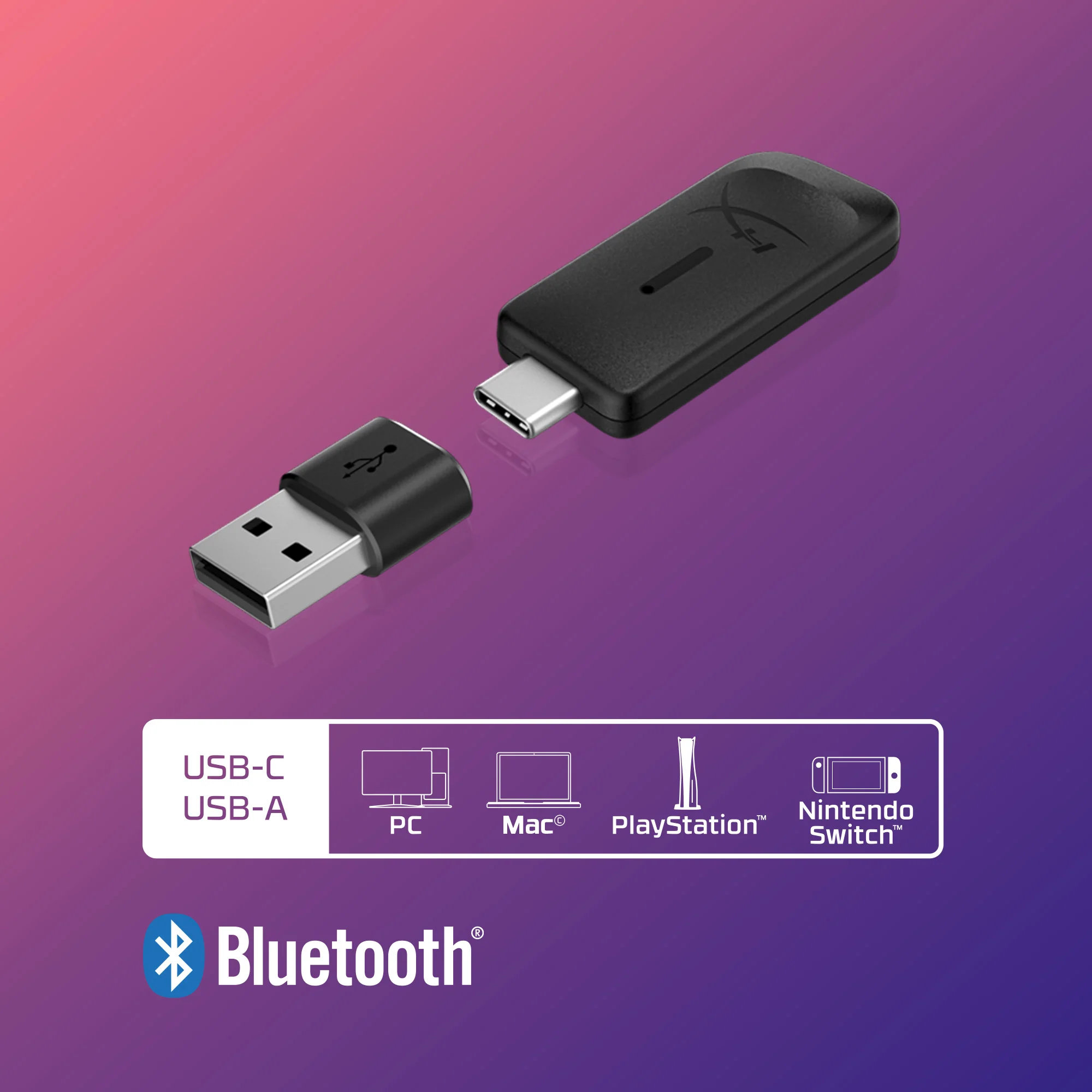 Adattatore USB-C nero con adattatore USB-A, icone PC, Mac, PlayStation, Nintendo.