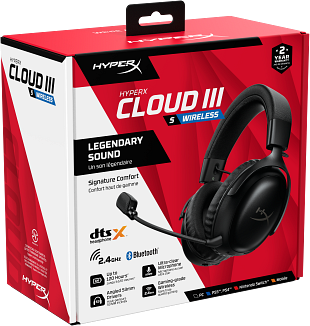 Scatola dell'auricolare da gioco wireless HyperX Cloud III con microfono.
