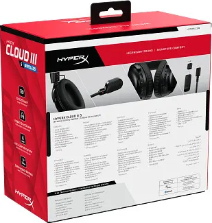 Scatola per cuffie da gaming wireless HyperX Cloud III con microfono rimovibile.