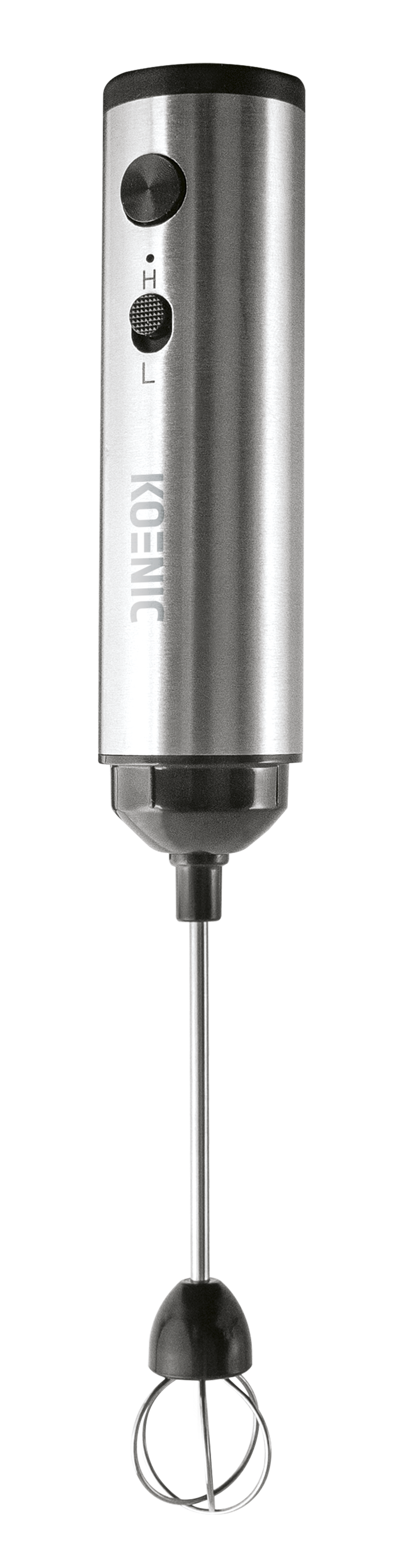Srebrny blender ręczny z czarną rączką i trzepaczką na czarnym tle.