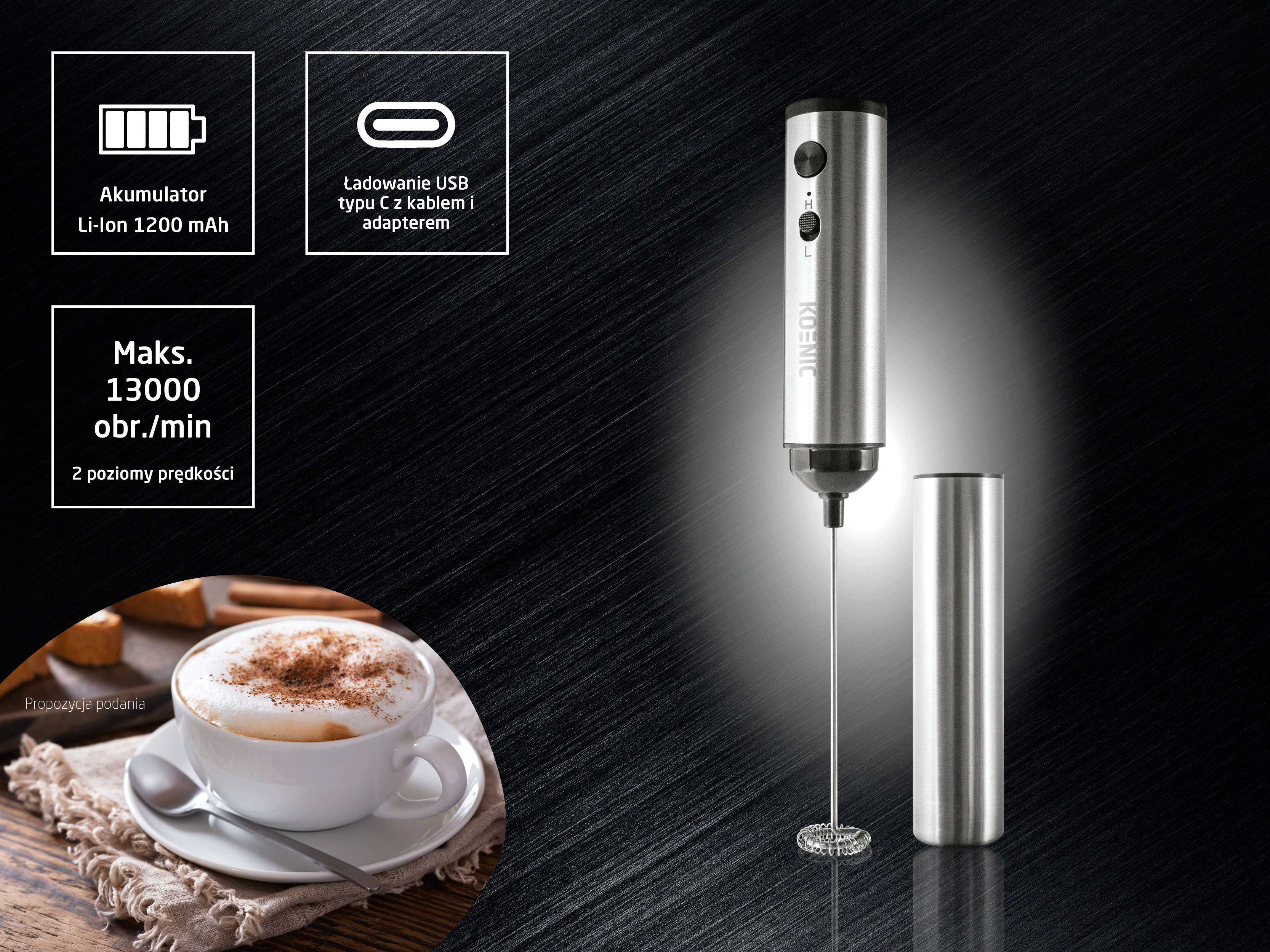 Srebrny spieniacz do mleka USB-C, bateria 1200mAh, 13000 obr/min, 2 prędkości. Cappuccino w tle.