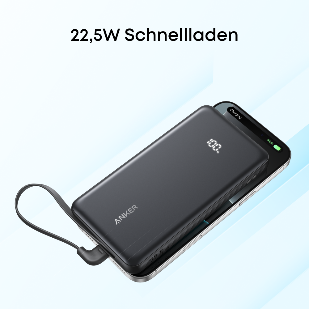 Schwarze Anker Powerbank lädt ein Smartphone. Text: 22,5W Schnellladen.