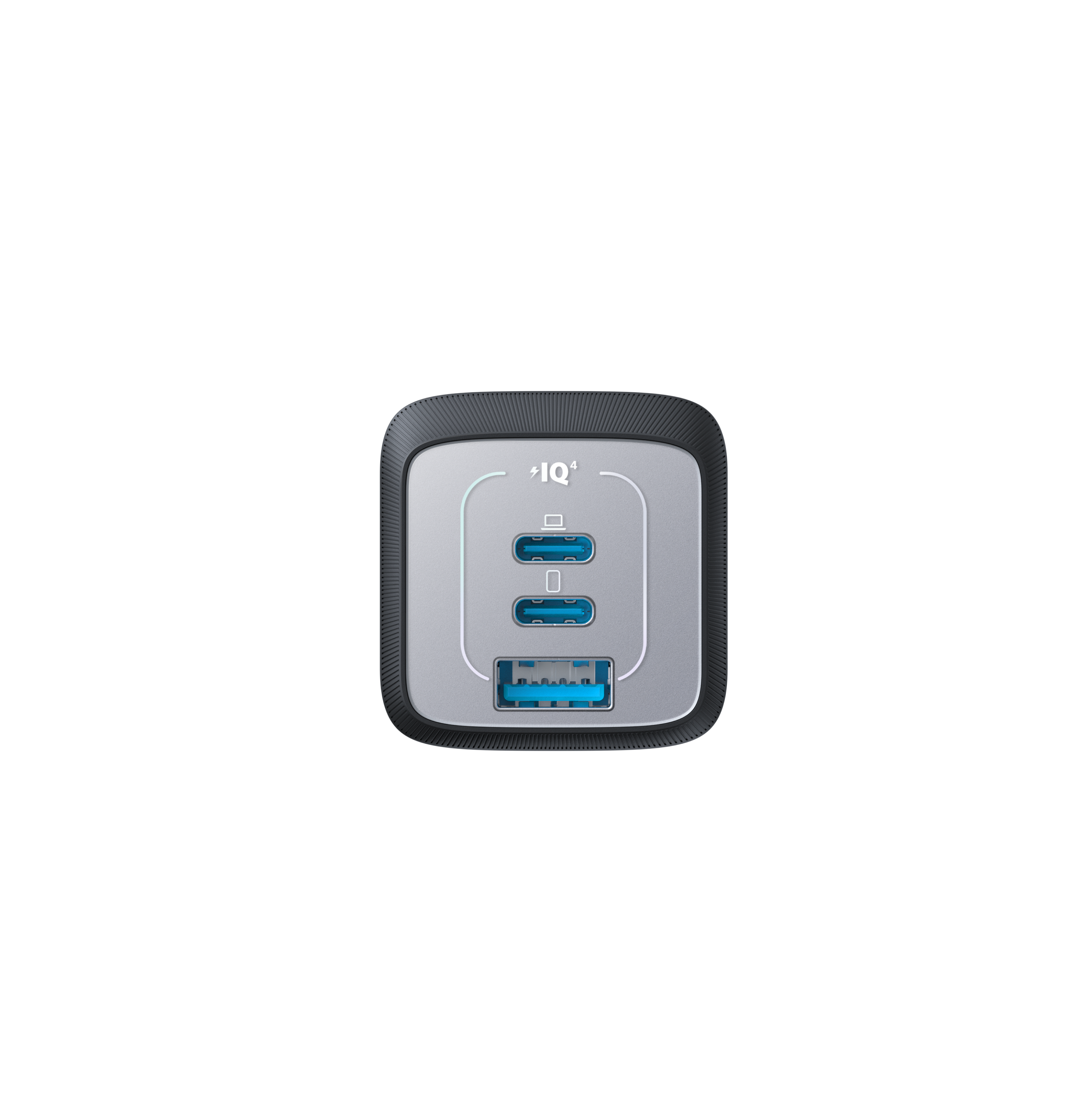 Silbernes Ladegerät mit drei Anschlüssen: zwei USB-C und ein USB-A.