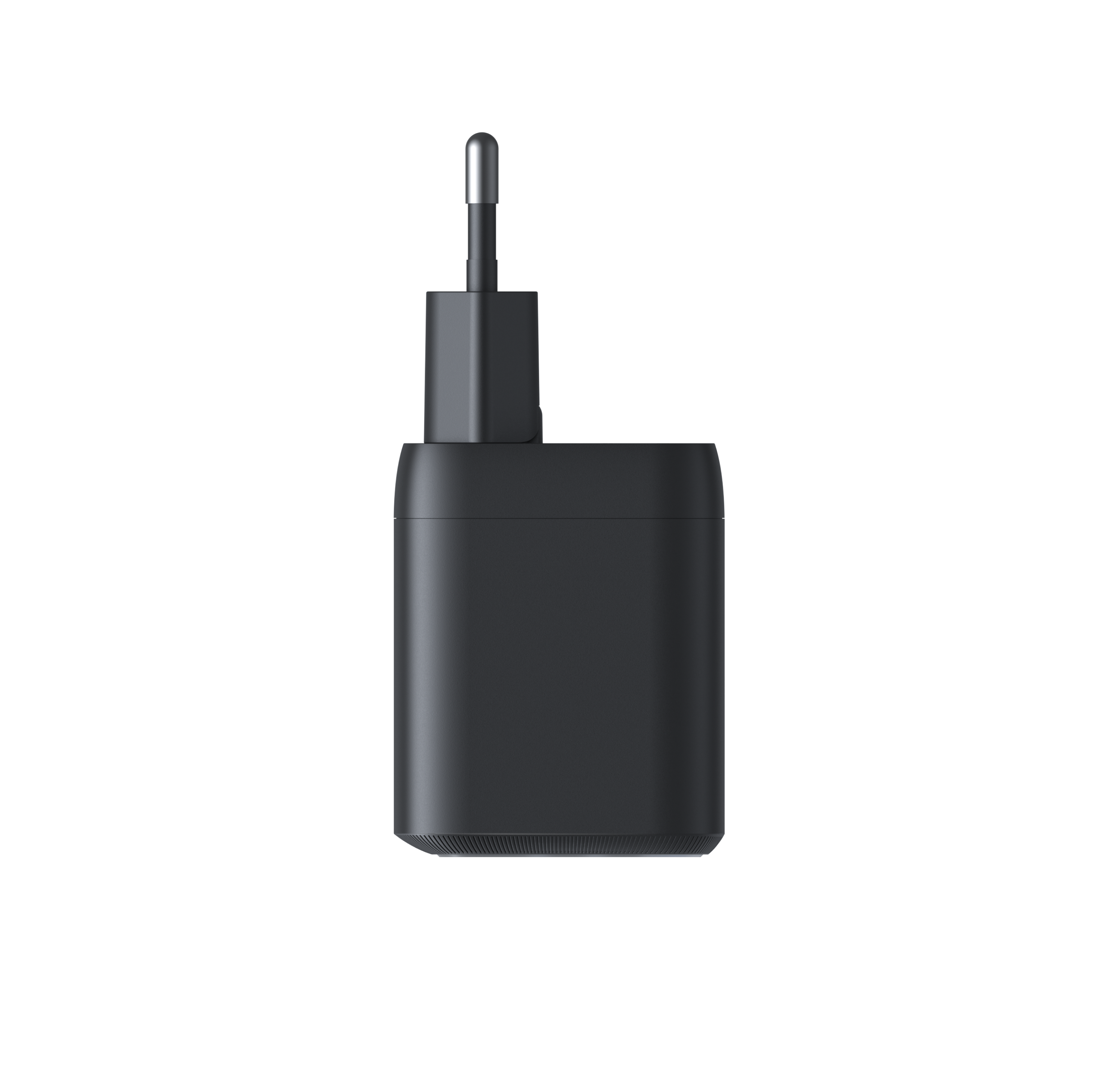 Ein schwarzes Ladegerät mit einem silbernen Stecker.