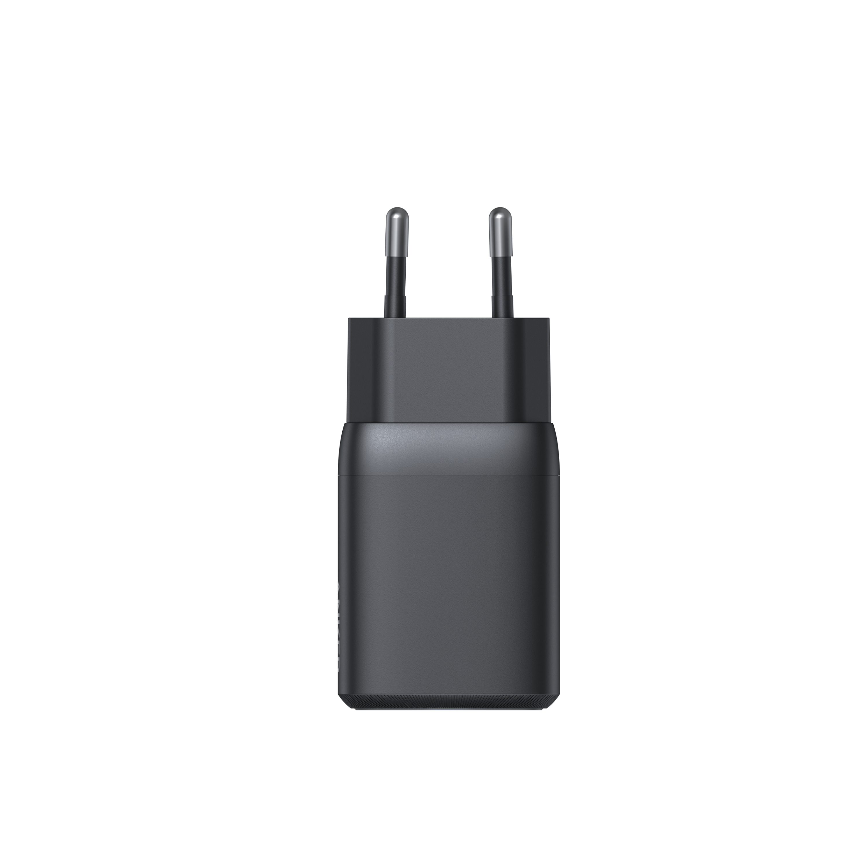 Ein dunkler USB-C-Ladestecker mit zwei silbernen Stiften.