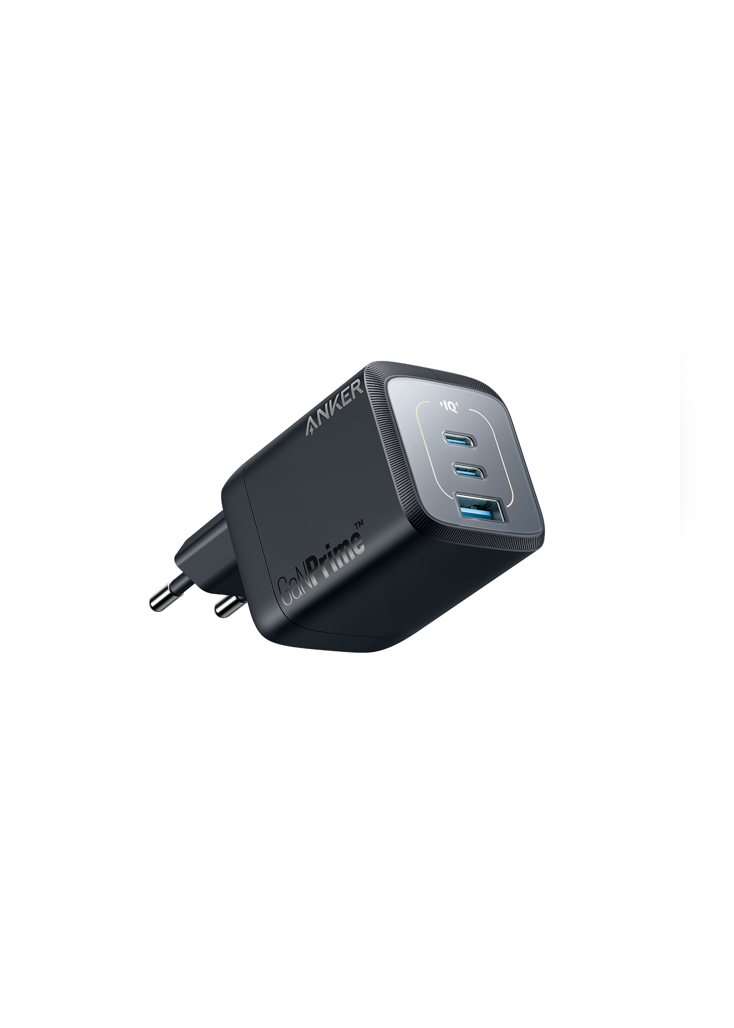 Schwarzes Anker Ladegerät mit zwei USB-C Anschlüssen und einem USB-A Anschluss.