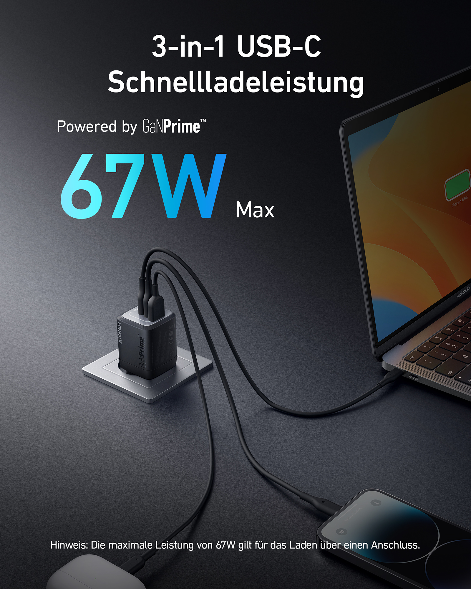 Anker 3-in-1 USB-C Ladegerät mit 67W lädt MacBook, iPhone und AirPods.