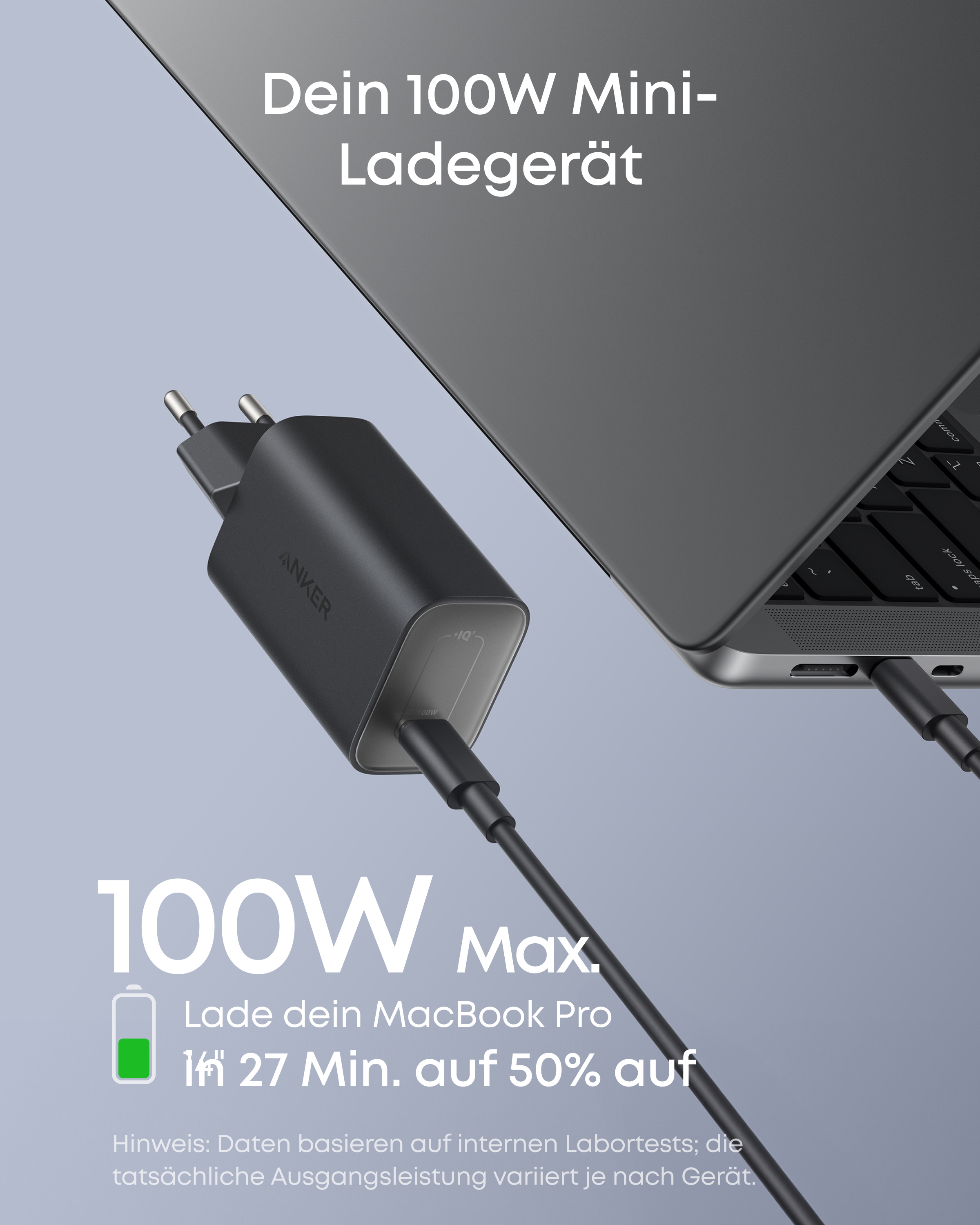 Anker 100W Mini-Ladegerät lädt MacBook Pro in 27 Min. auf 50%.