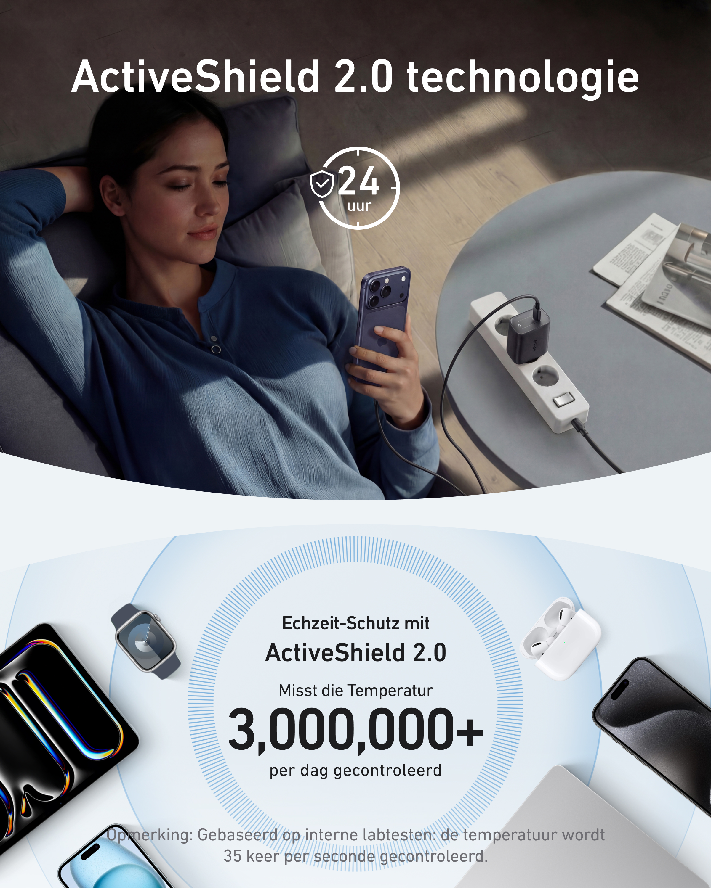 Frau entspannt sich mit Handy, 24h-Schutz, Powerbank & Ohrhörern.