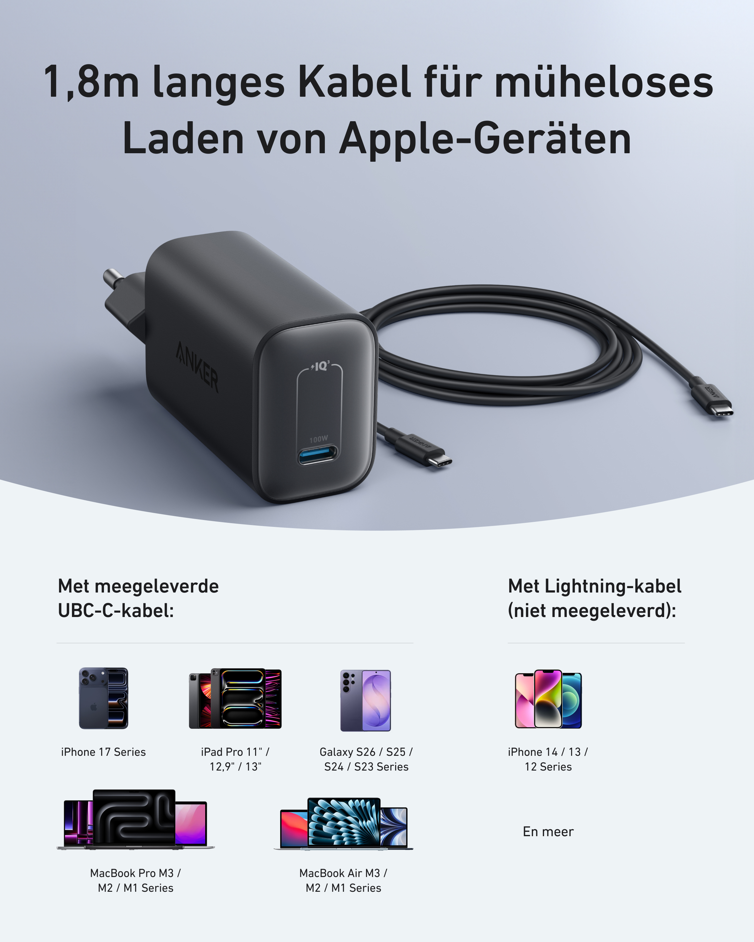Schwarzer Anker 100W USB-C Ladestecker mit Kabel und Apple-Geräten.