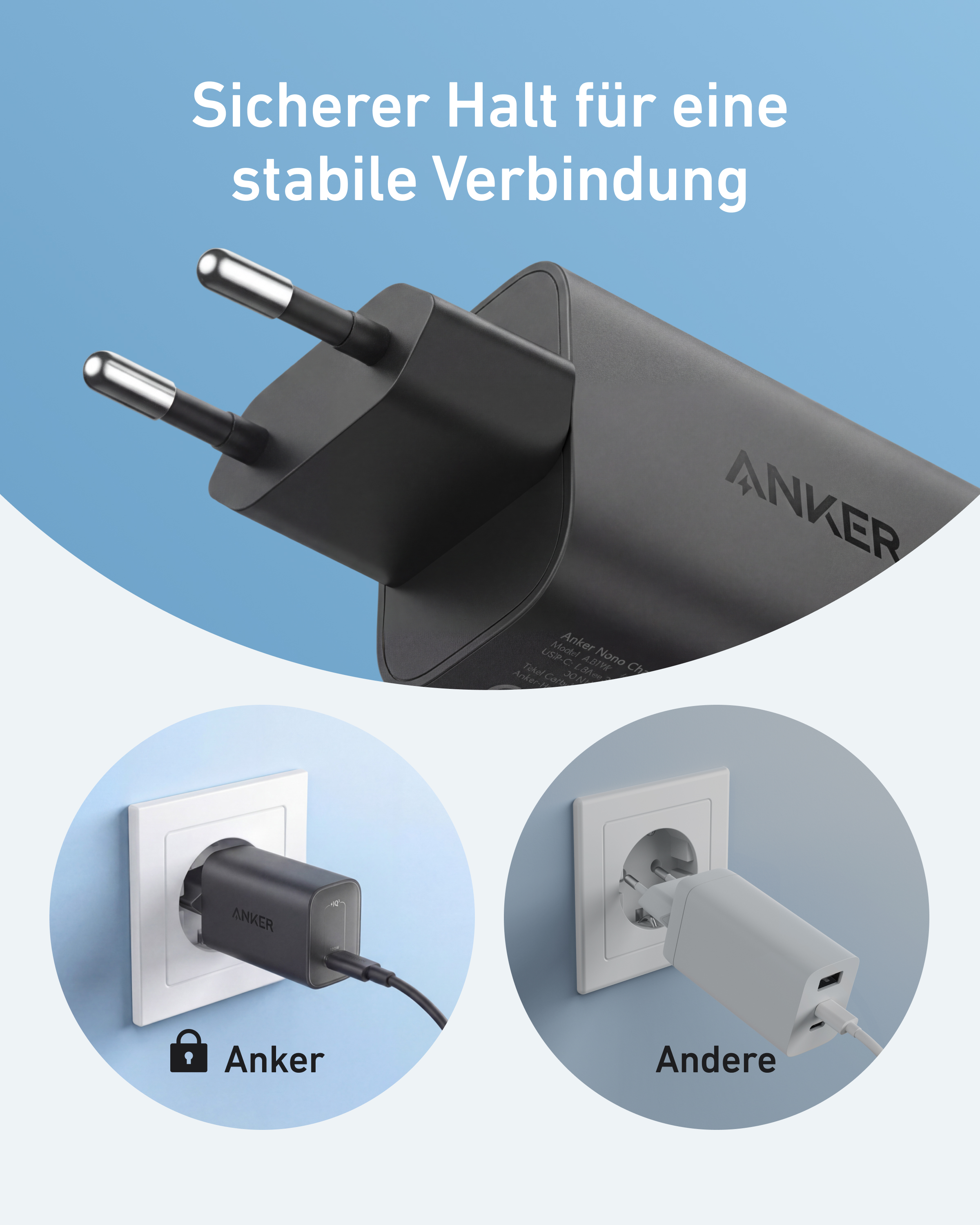 Schwarzer Anker-Ladestecker in Steckdose, daneben ein weißer Stecker.