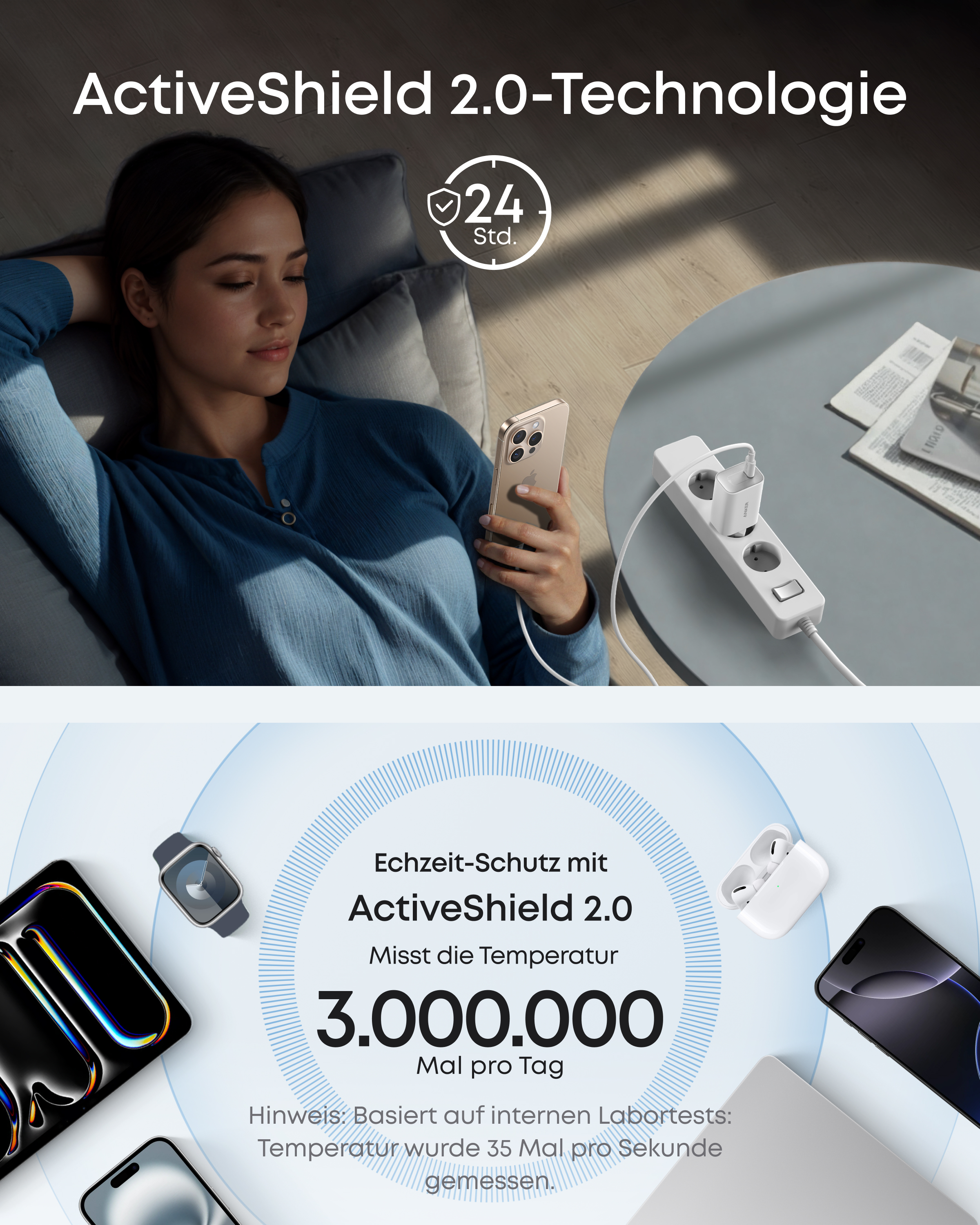 Frau mit Handy, Ladegerät, Steckdosenleiste, Uhr und Kopfhörern.