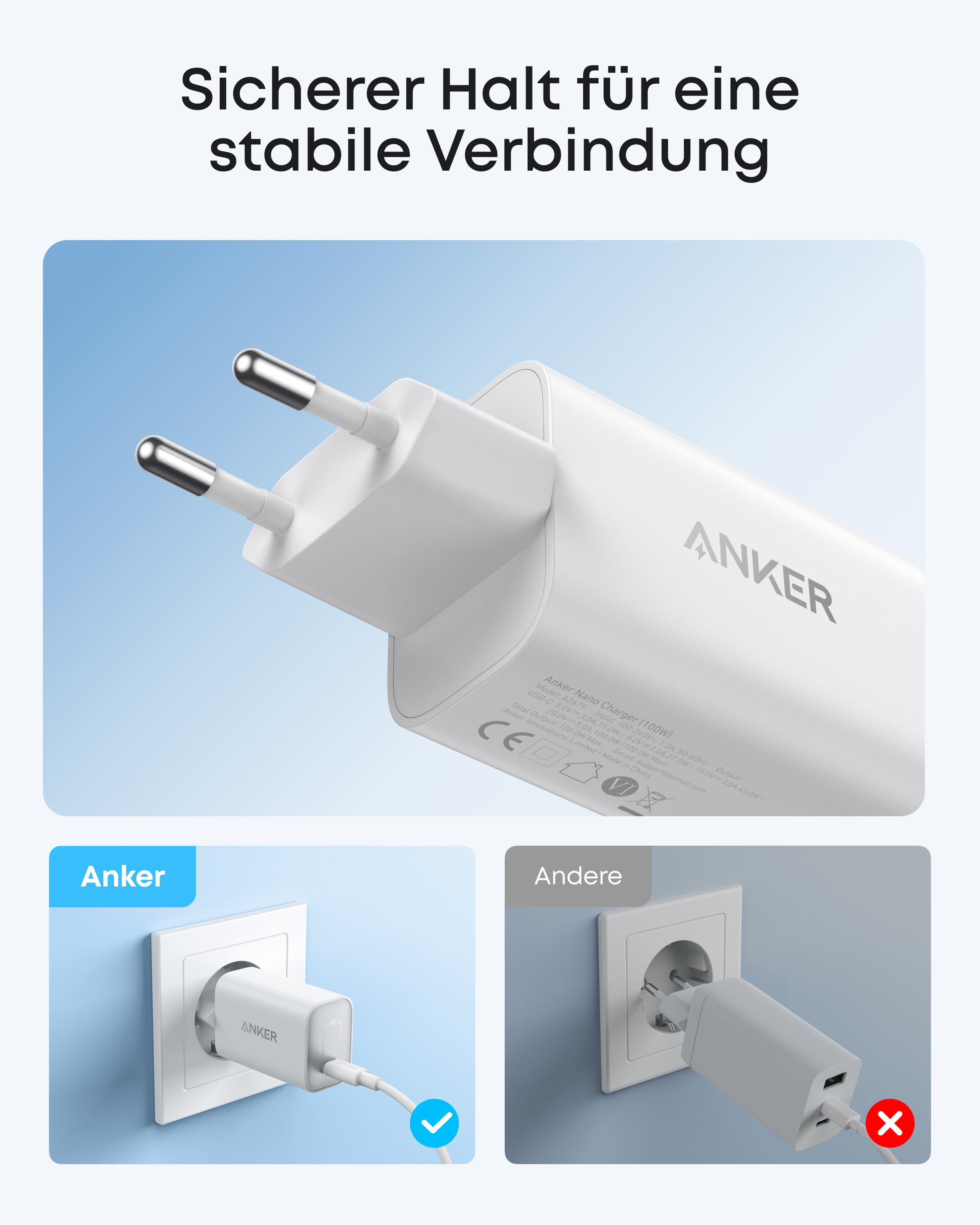 Weiße Anker Ladegeräte in Steckdosen: Ein Stecker sitzt gut, der andere schlecht.