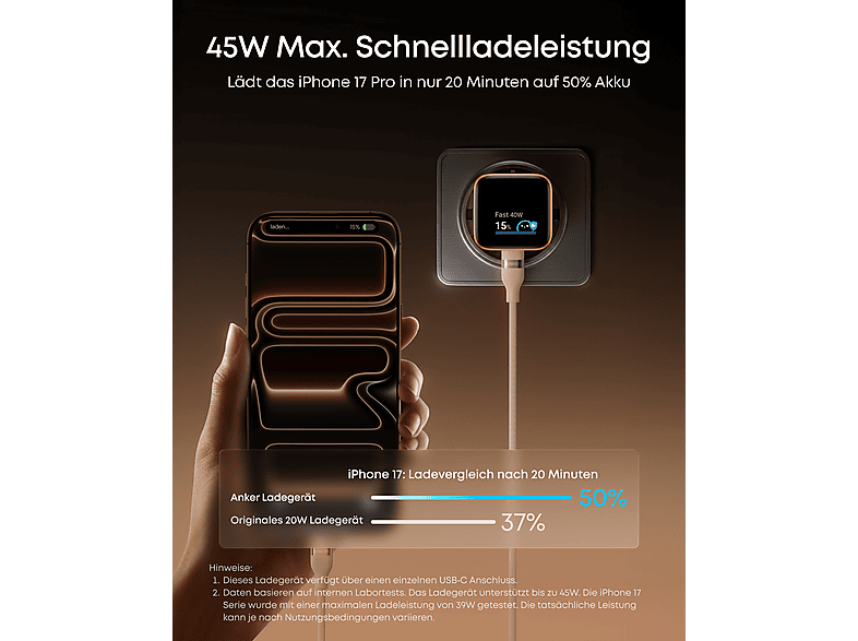 Anker Ladegerät Nano 45W, Smart Display, Nebelgrau — Foto 2 von 4
