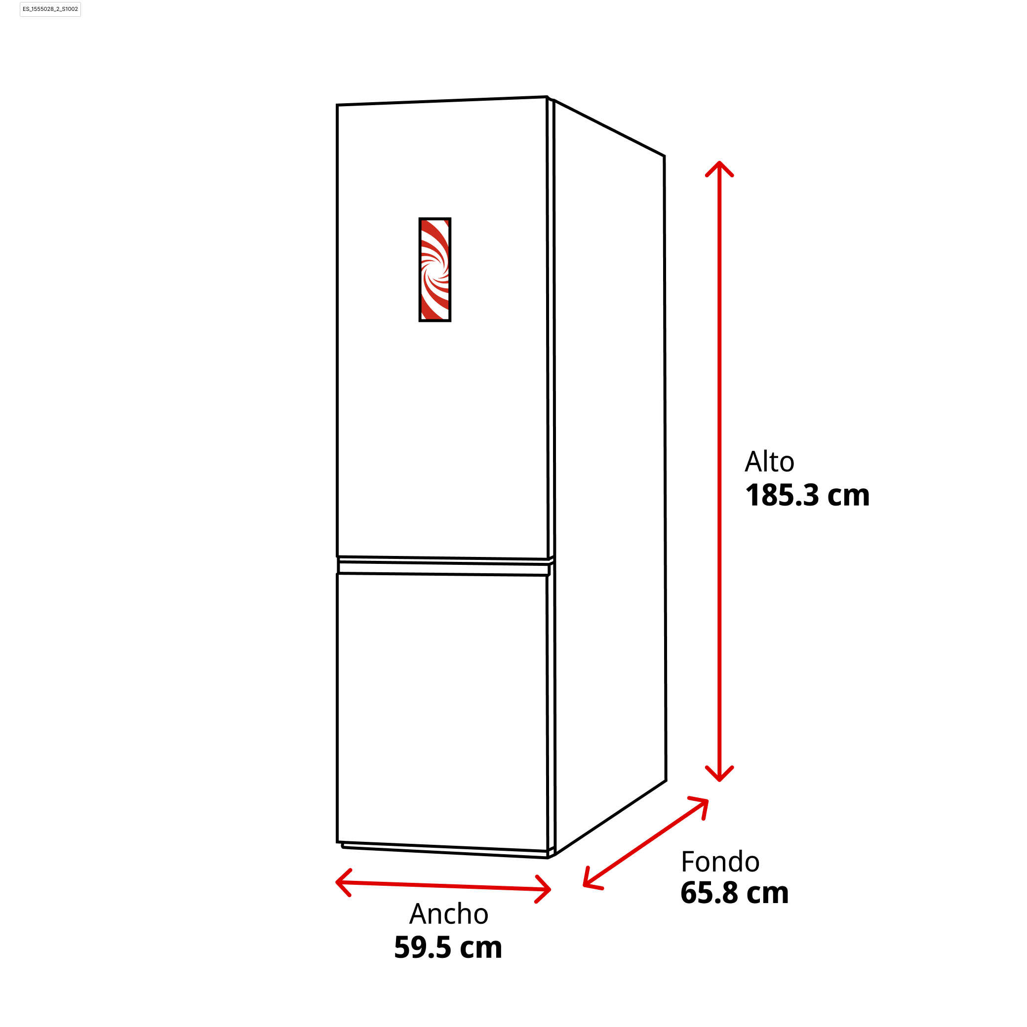 Contorno de un refrigerador con dimensiones: Alto 185,3 cm, Ancho 59,5 cm, Fondo 65,8 cm.