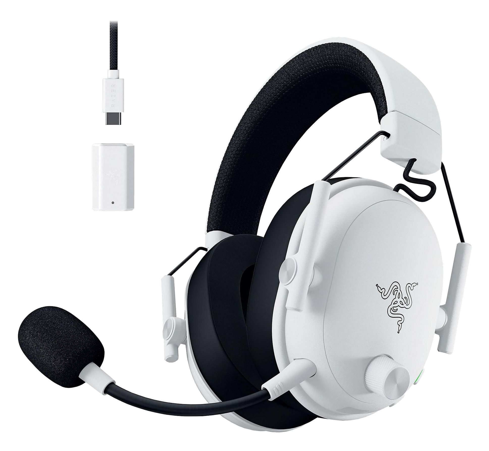 Białe słuchawki z czarnymi nausznikami i adapterem USB.