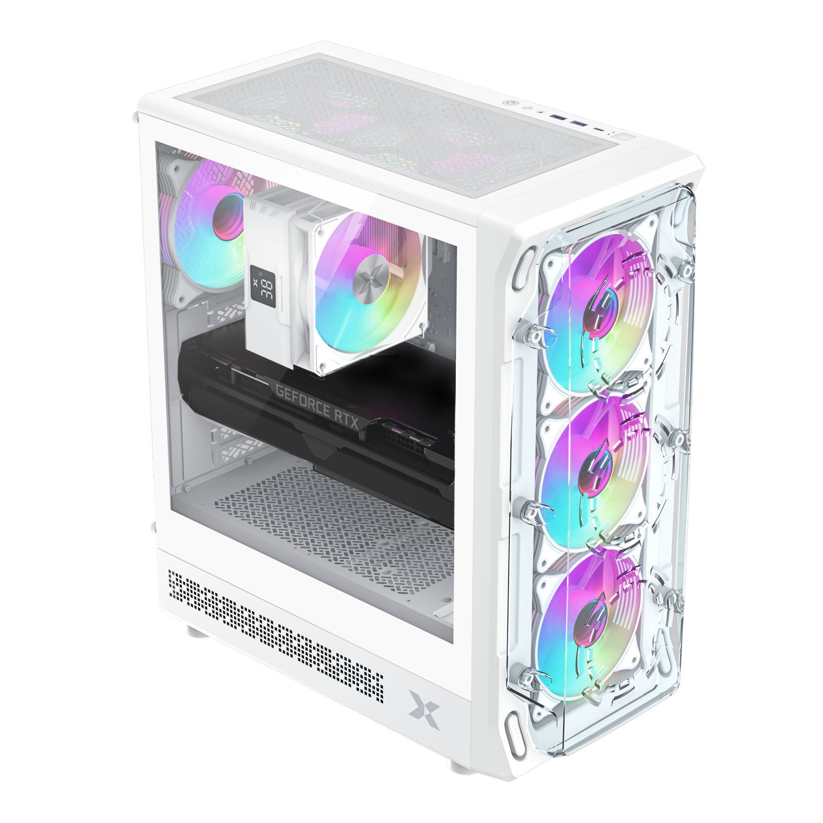 İçinde RGB fanlar ve GeForce RTX grafik kartı görünen beyaz PC kasası.