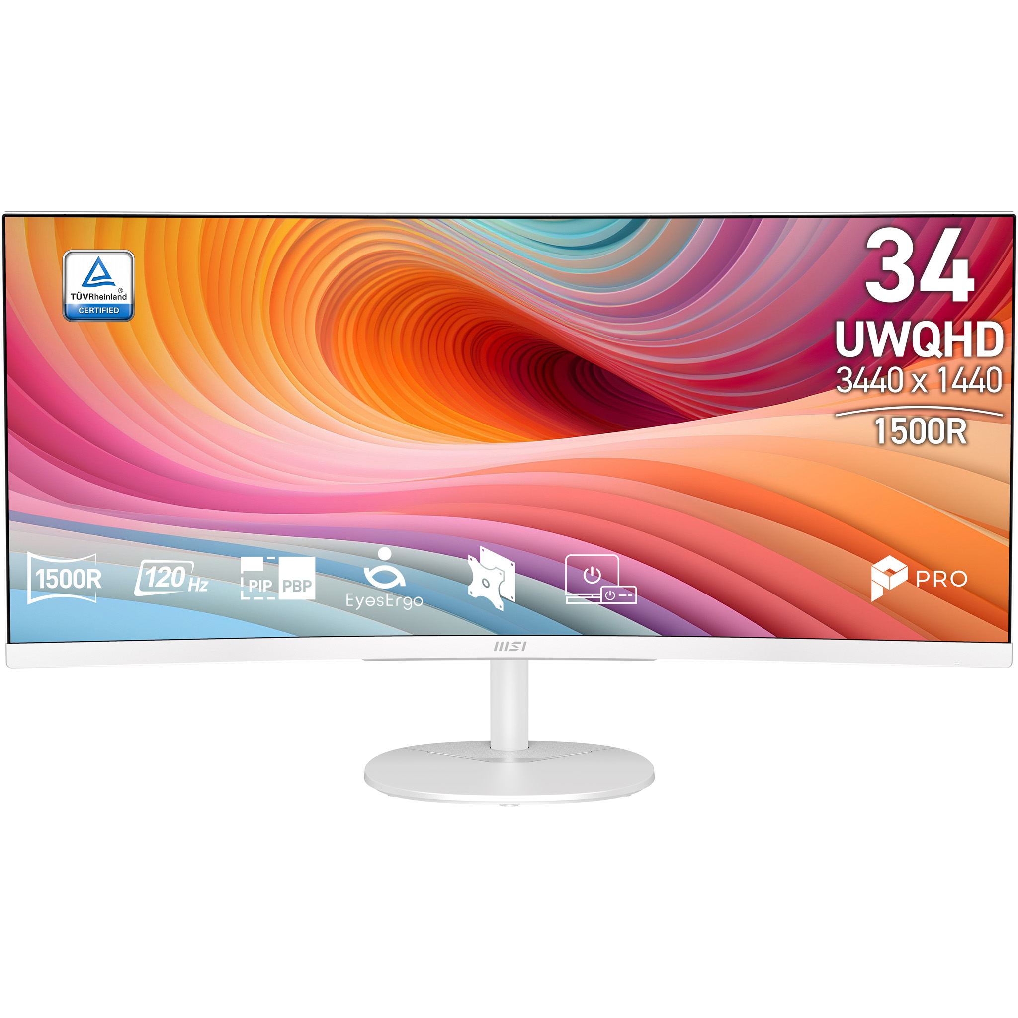 Ein weißer MSI 34-Zoll-UWQHD-Monitor mit 1500R Krümmung und buntem Hintergrund.