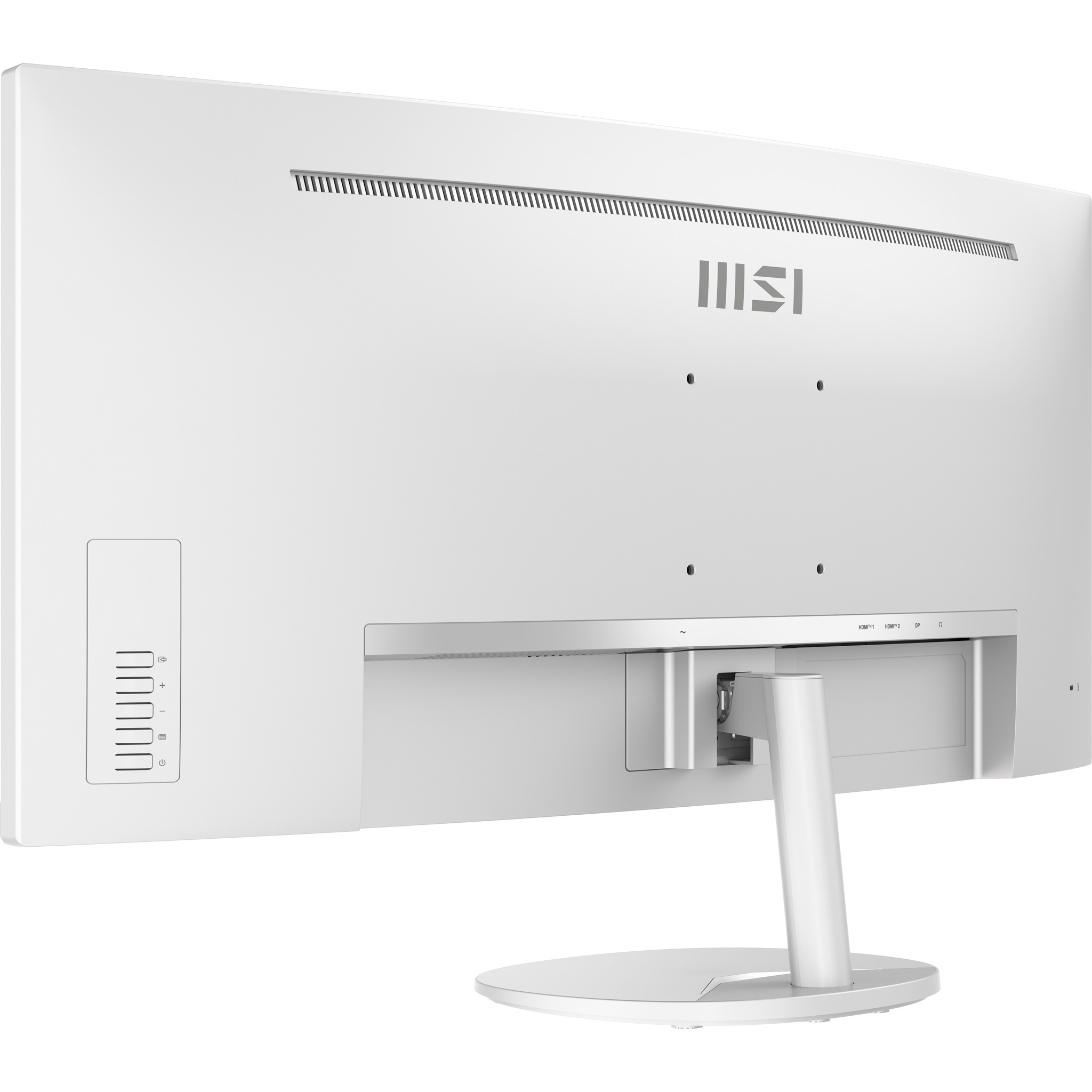 Rückseite eines weißen Monitors mit Anschlüssen, Lüftungsschlitzen und MSI-Logo.