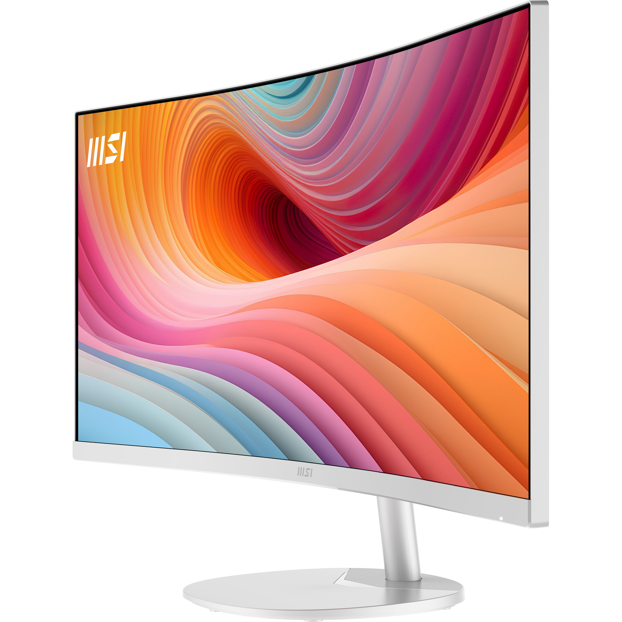 Ein gebogener weißer MSI-Monitor mit einem farbenfrohen Wellenmuster auf dem Bildschirm.