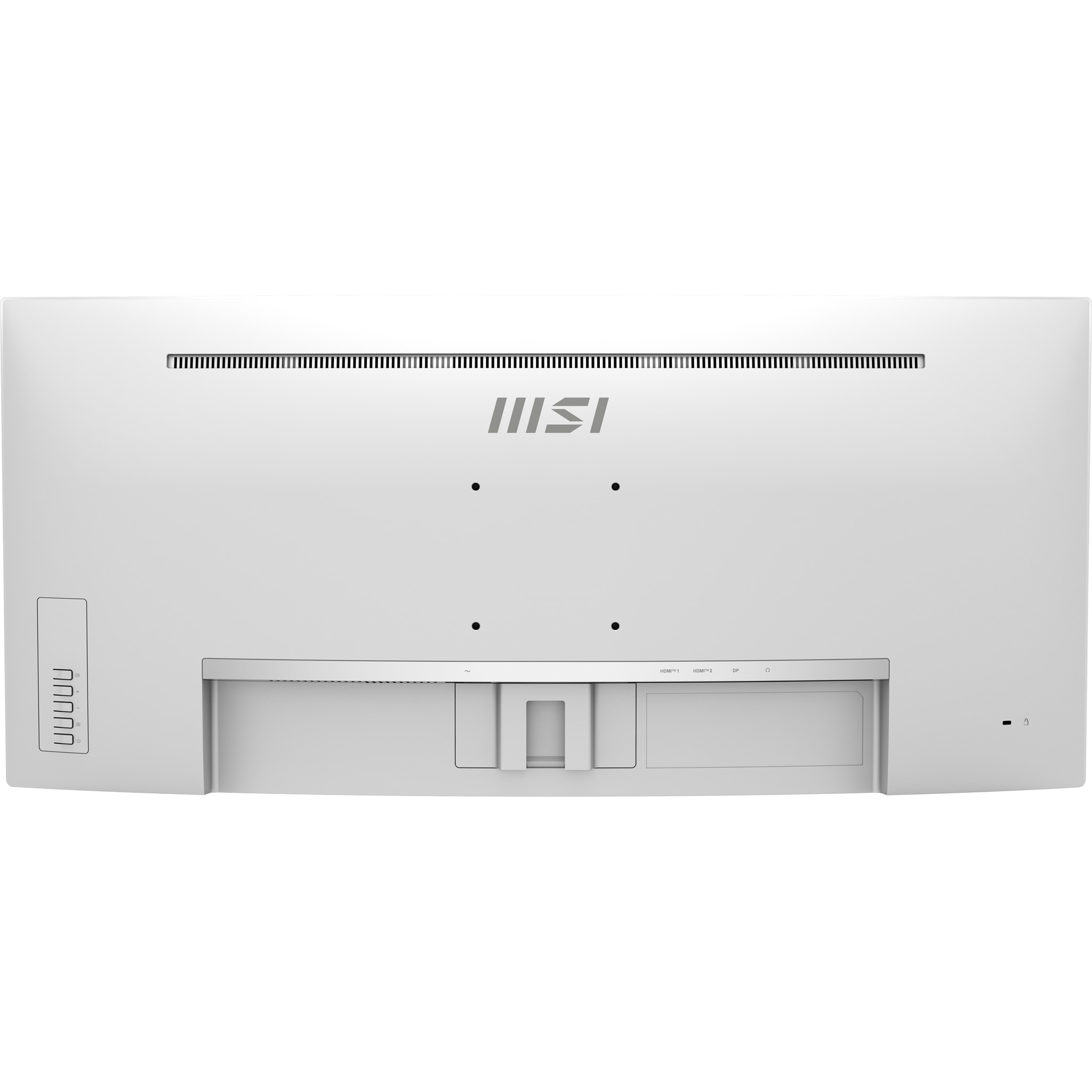 Rückseite eines weißen MSI Monitors mit Anschlüssen wie HDMI und DP.