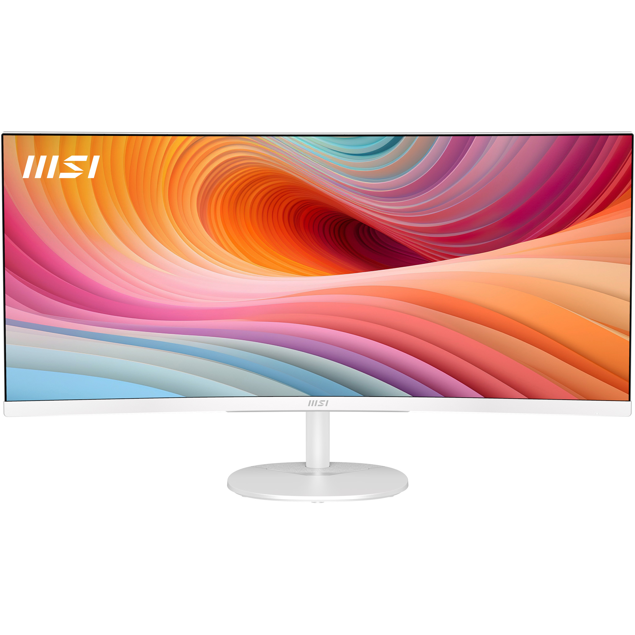 Ein weißer MSI-Monitor mit einem bunten, abstrakten Hintergrund.