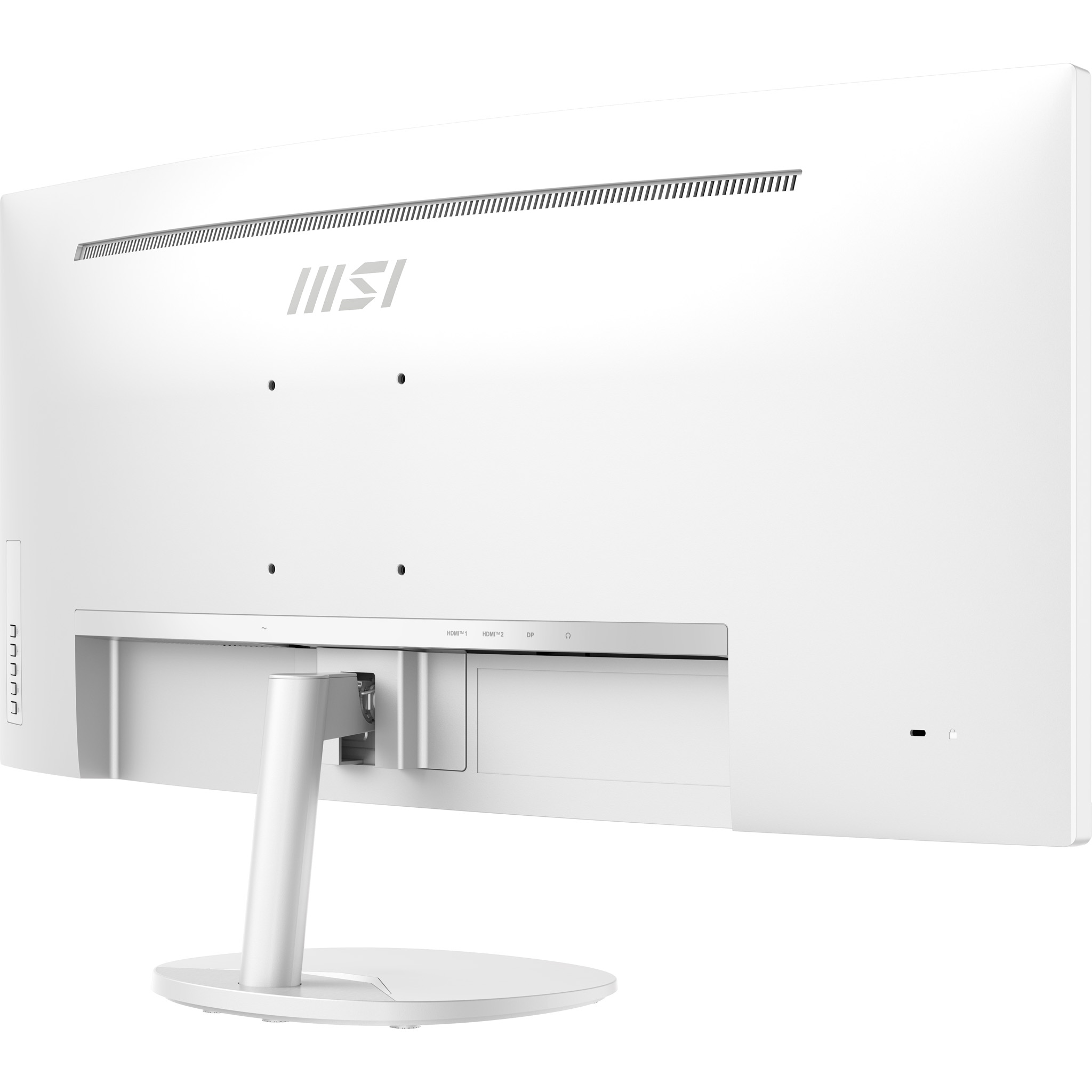 Rückseite eines weißen MSI Monitors mit Anschlüssen wie HDMI und DP.