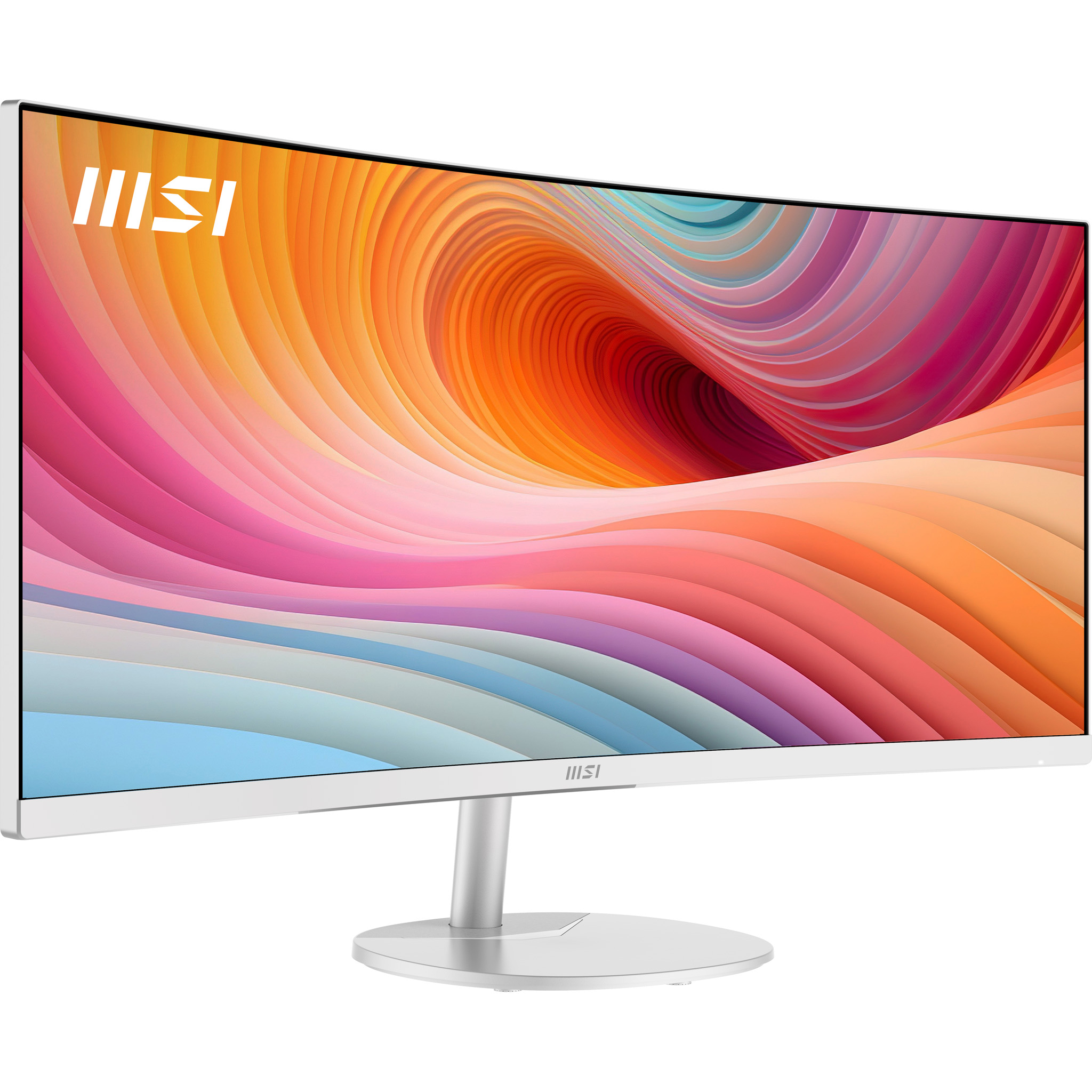 Ein moderner, weißer Computermonitor mit einem gebogenen Bildschirm und einem farbenfrohen abstrakten Hintergrund.