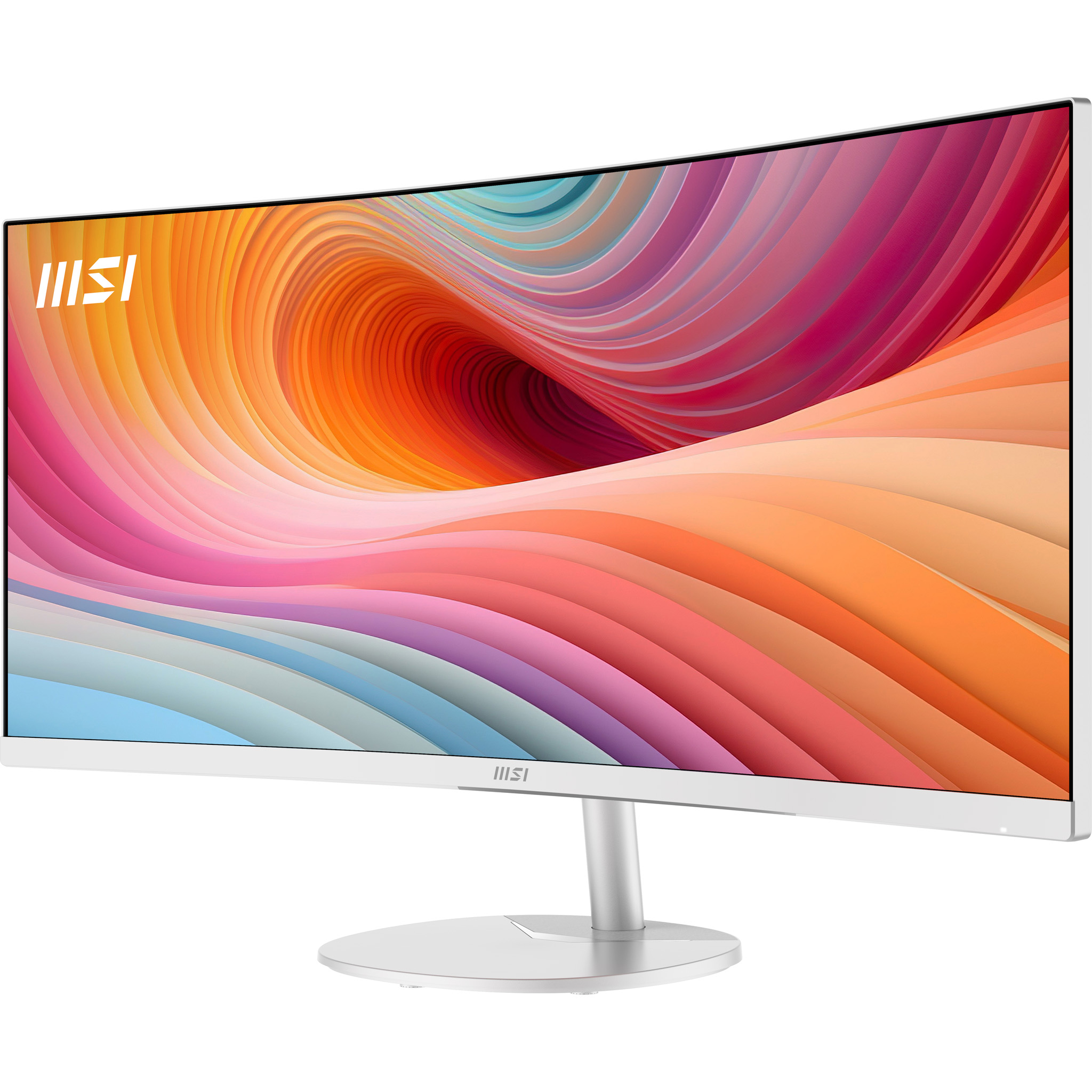 Ein weißer, gekrümmter MSI-Monitor mit einem abstrakten, bunten Hintergrund.