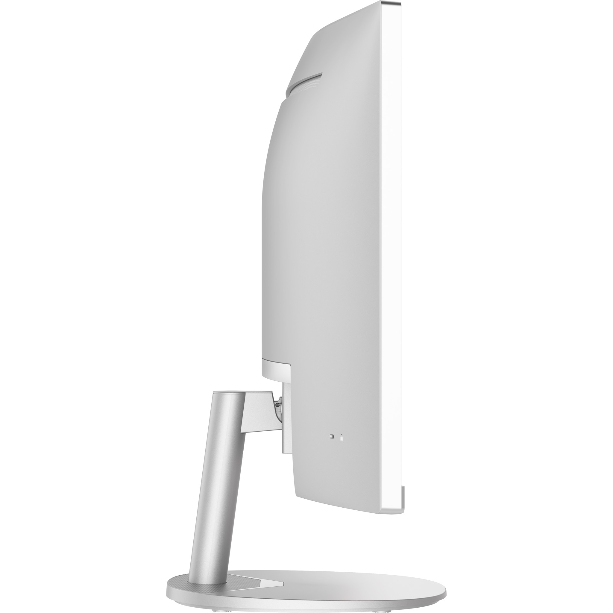 Ein weißer Monitor mit silbernem Ständer, von der Seite gezeigt.