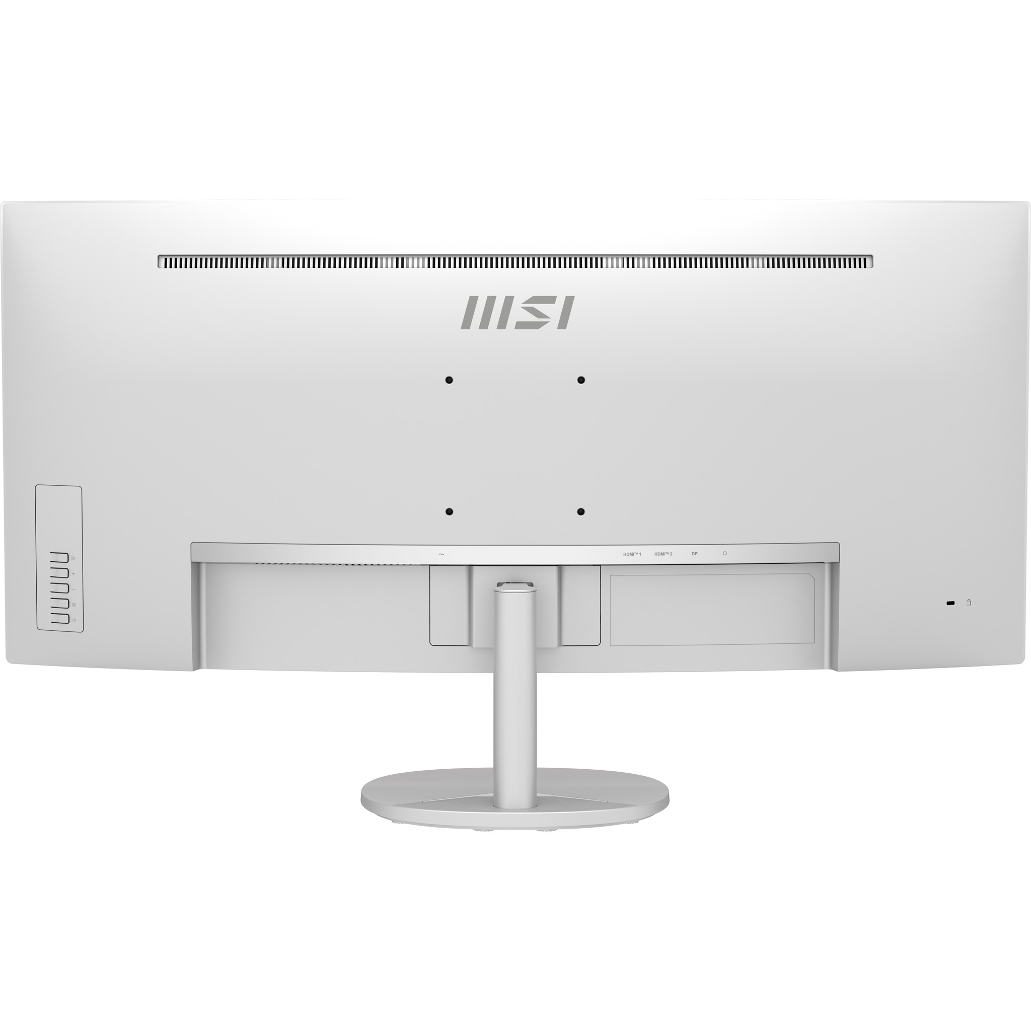 Rückseite eines weißen Monitors mit Anschlüssen und Lüftungsschlitzen.