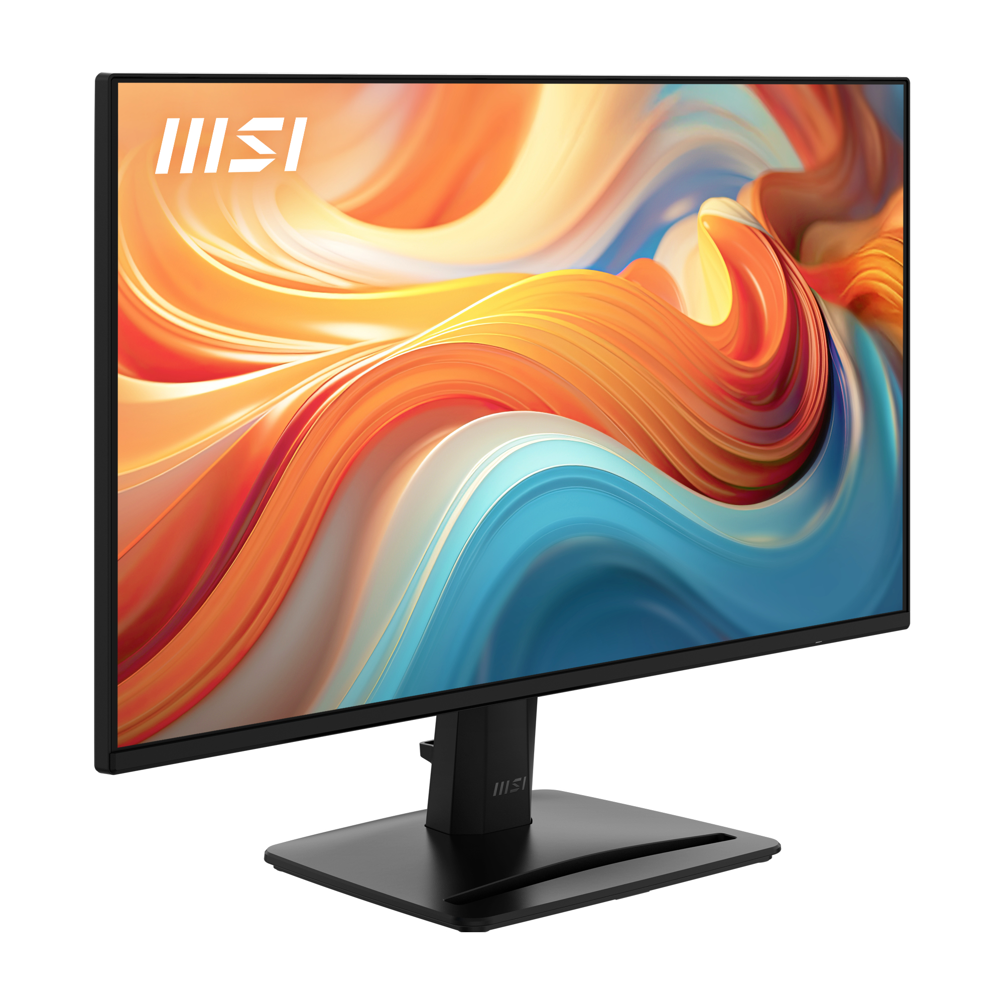 Zwarte MSI monitor met abstracte, kleurrijke golfgraphics op het scherm.