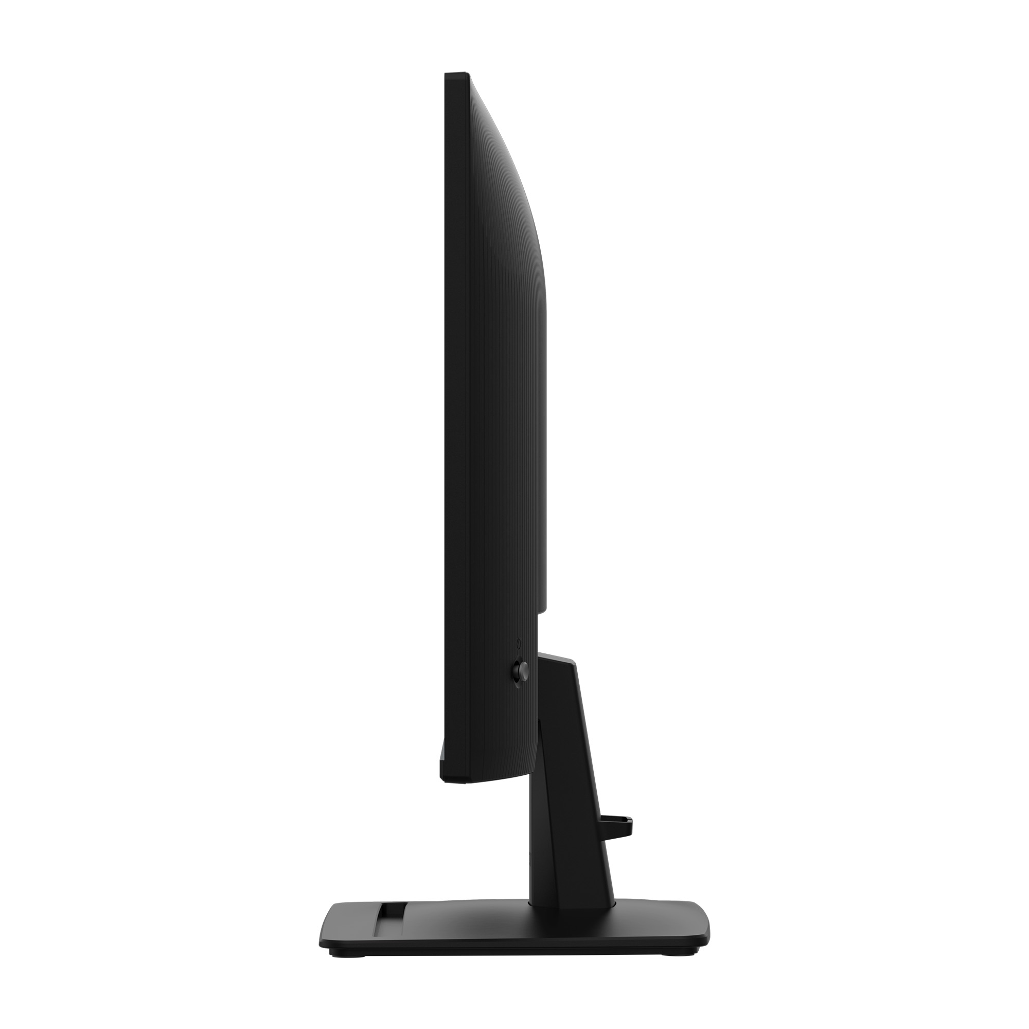 Zwarte computermonitor van opzij gezien op een witte achtergrond.