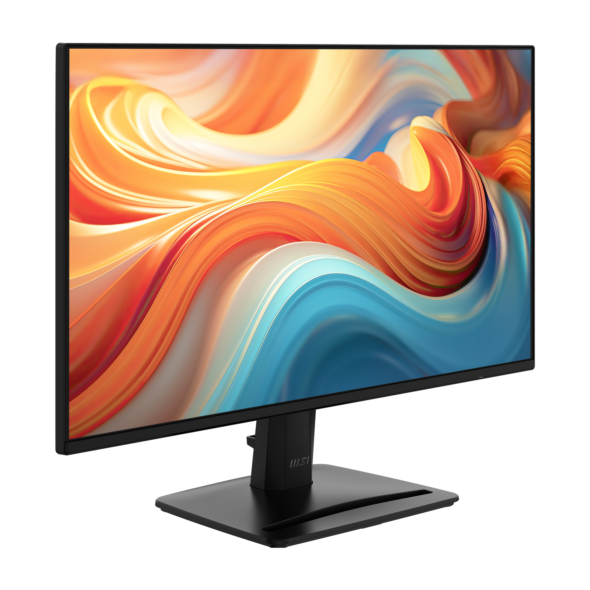 Een zwarte monitor met MSI-logo toont een abstract, vloeiend patroon in oranje, blauwe en witte tinten.