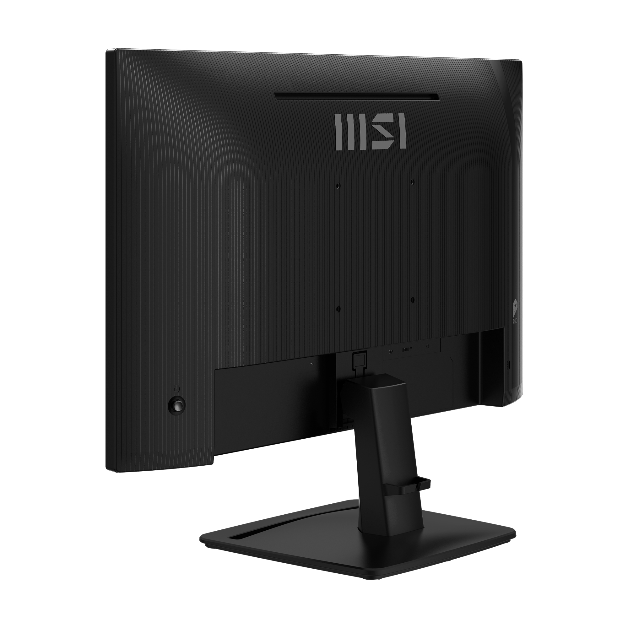 Achterkant van een zwarte MSI monitor met gestructureerd oppervlak en standaard.