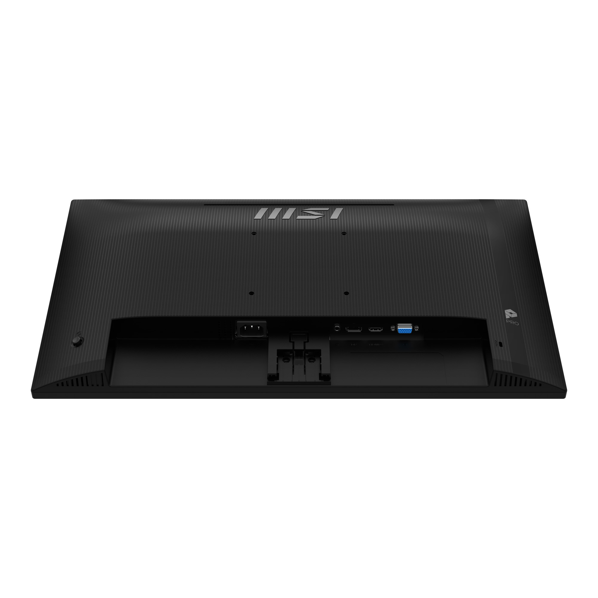 Achterkant van een zwarte monitor met poorten en MSI-logo.