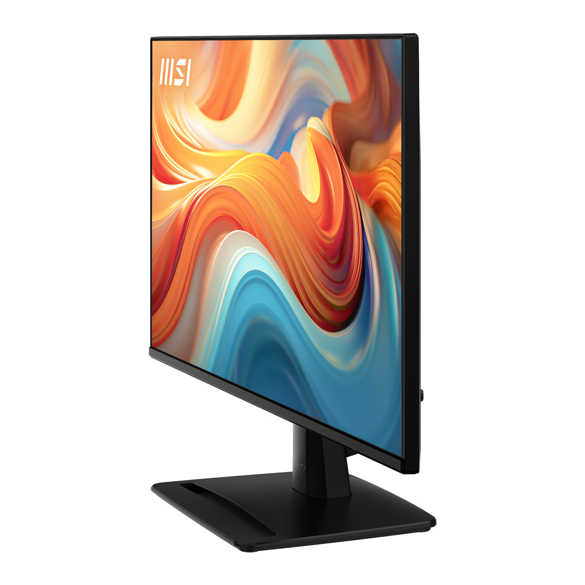 Een zwarte monitor met een kleurrijke, abstracte achtergrond op het scherm.