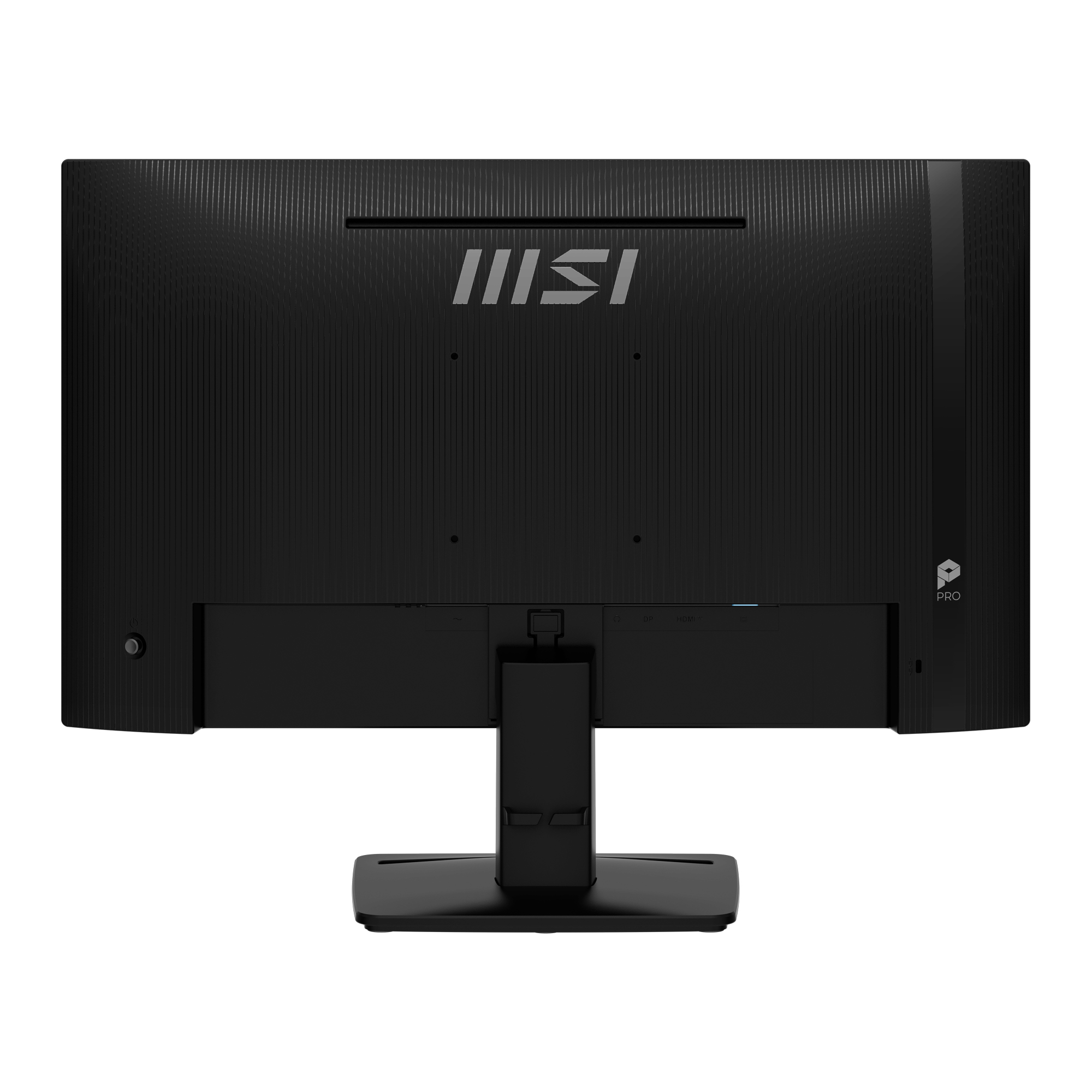 Achterkant van een zwarte MSI monitor met geribbelde textuur en poorten.