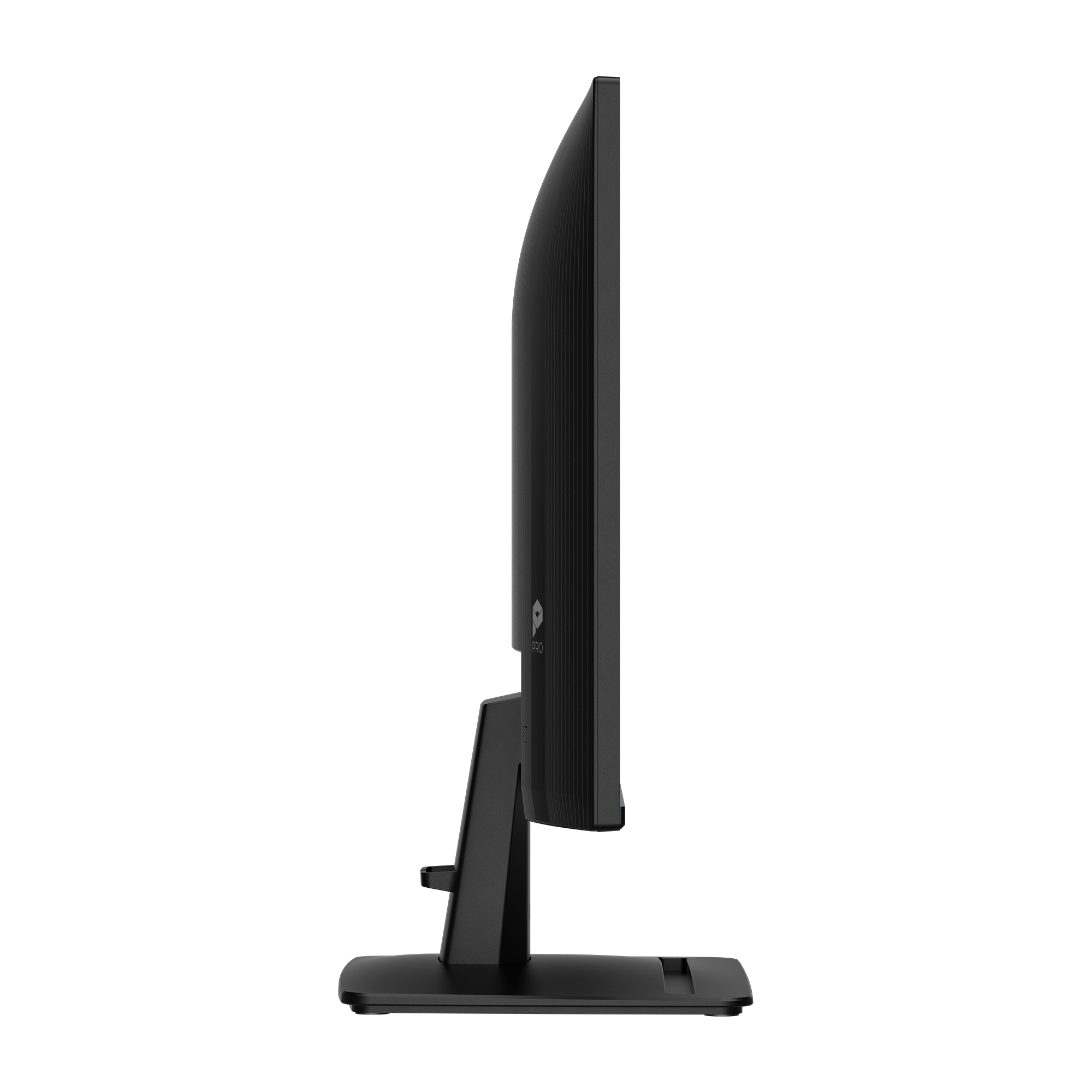 Zijaanzicht van een zwarte monitor met standaard op witte achtergrond.