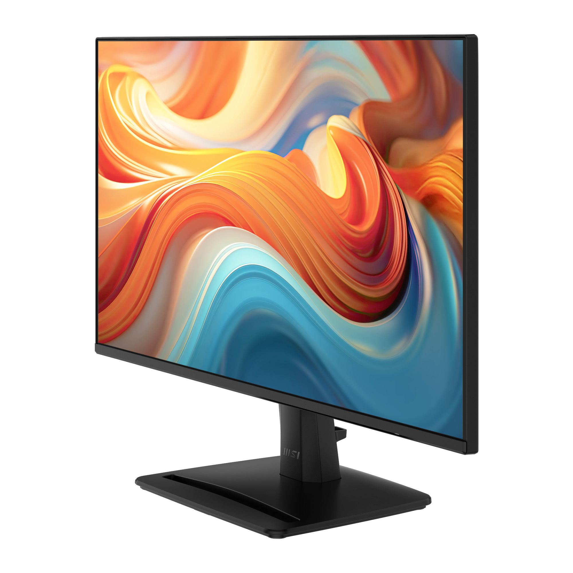 Een zwarte computermonitor met een abstracte, kleurrijke achtergrondafbeelding.