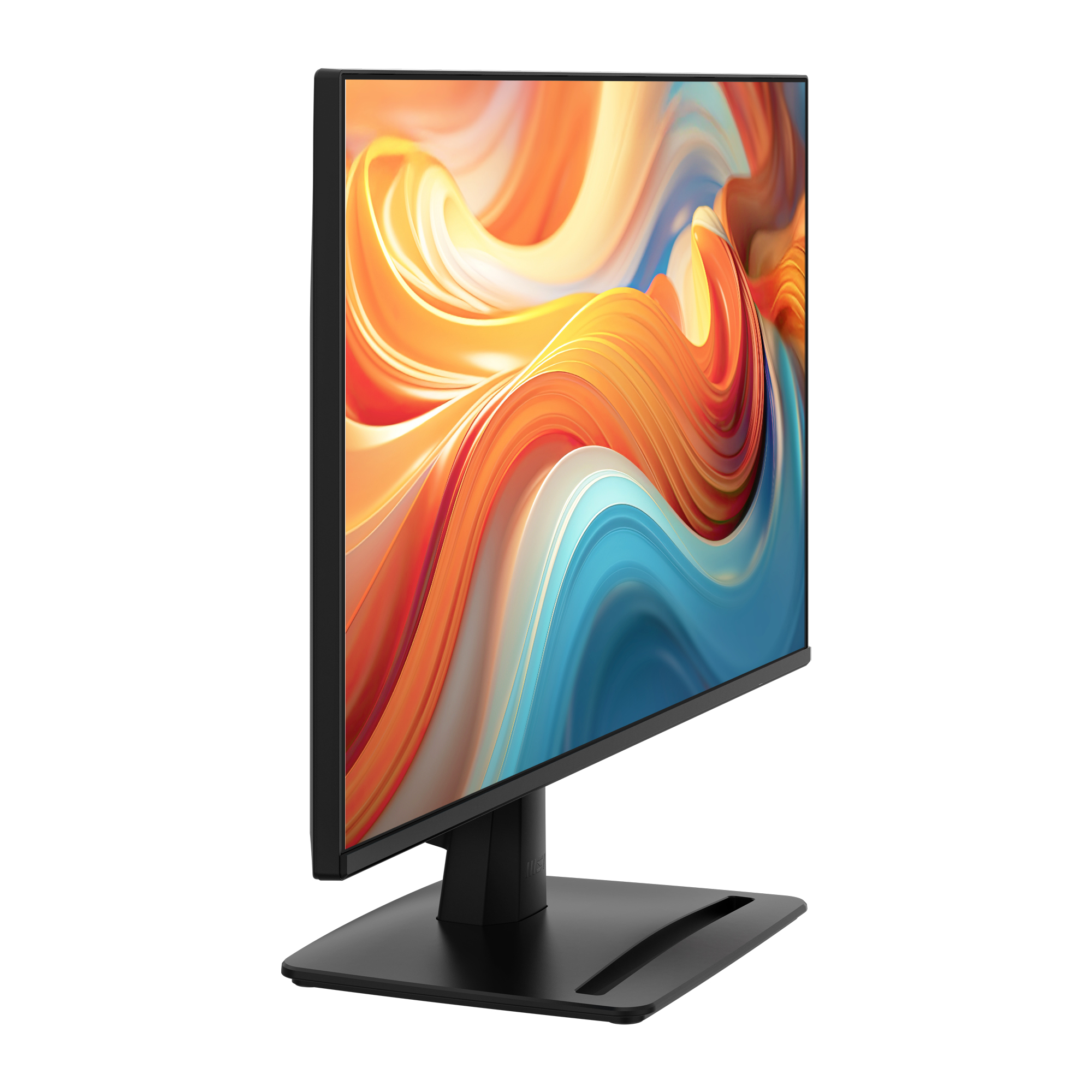 Een moderne zwarte computermonitor met kleurrijke abstracte achtergrond, op witte achtergrond.