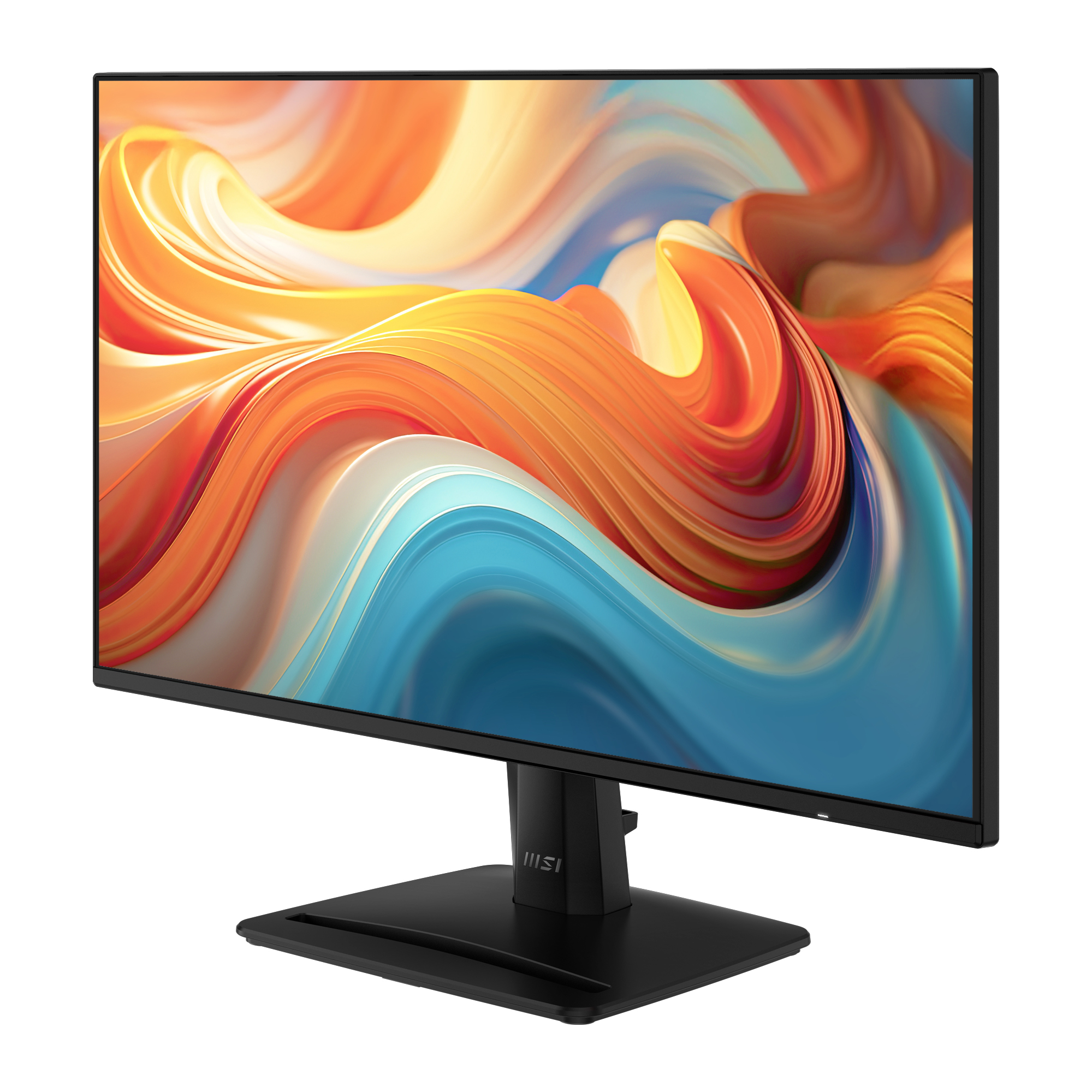 Een zwarte monitor met een levendige, abstracte achtergrond op het scherm.