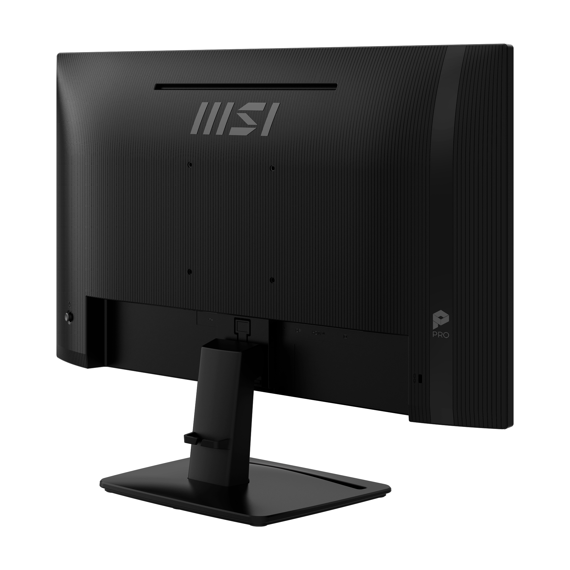 Achterkant van een zwarte MSI monitor met gestructureerde behuizing en standaard.