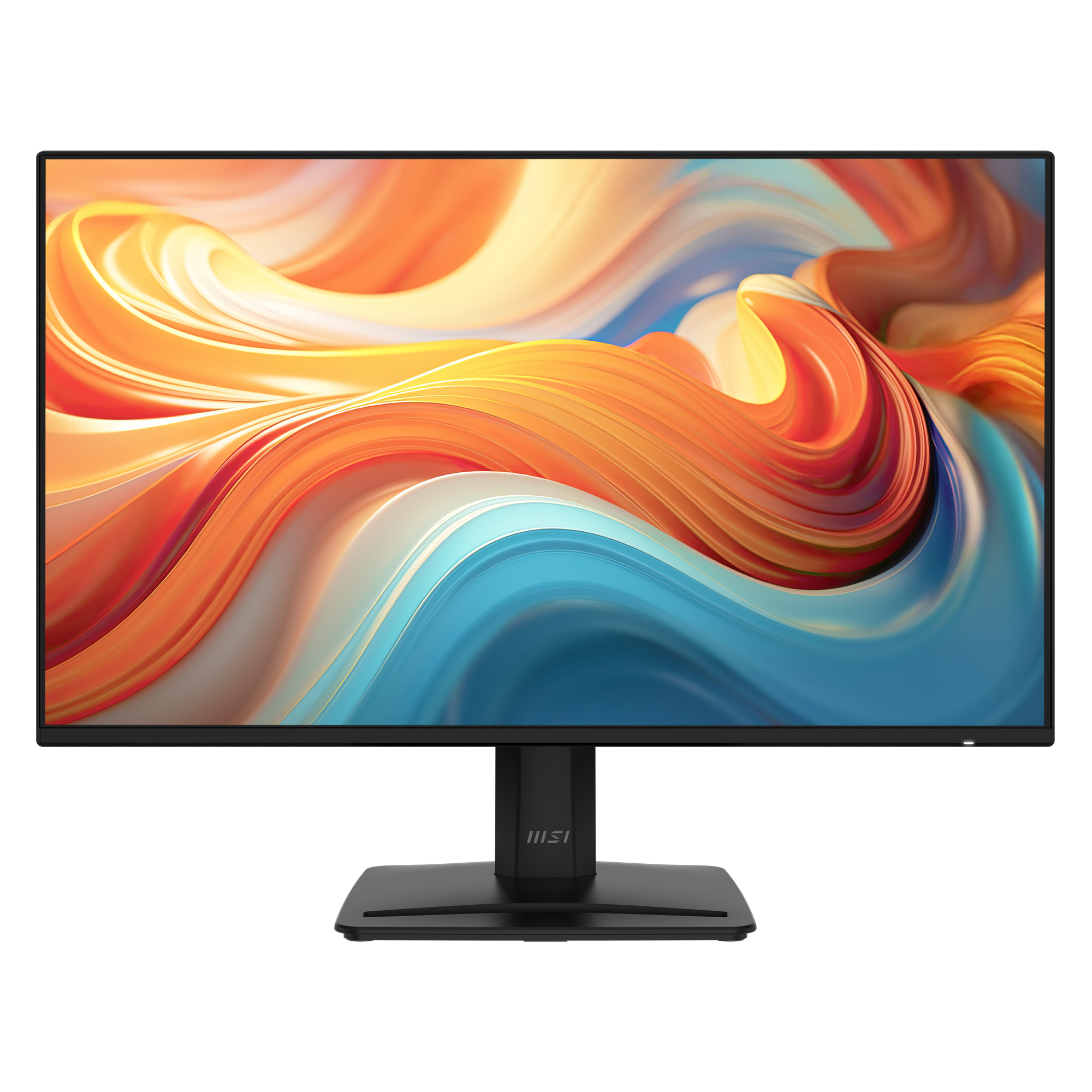 Een zwarte monitor met een kleurrijk, wervelend abstract patroon op het scherm.