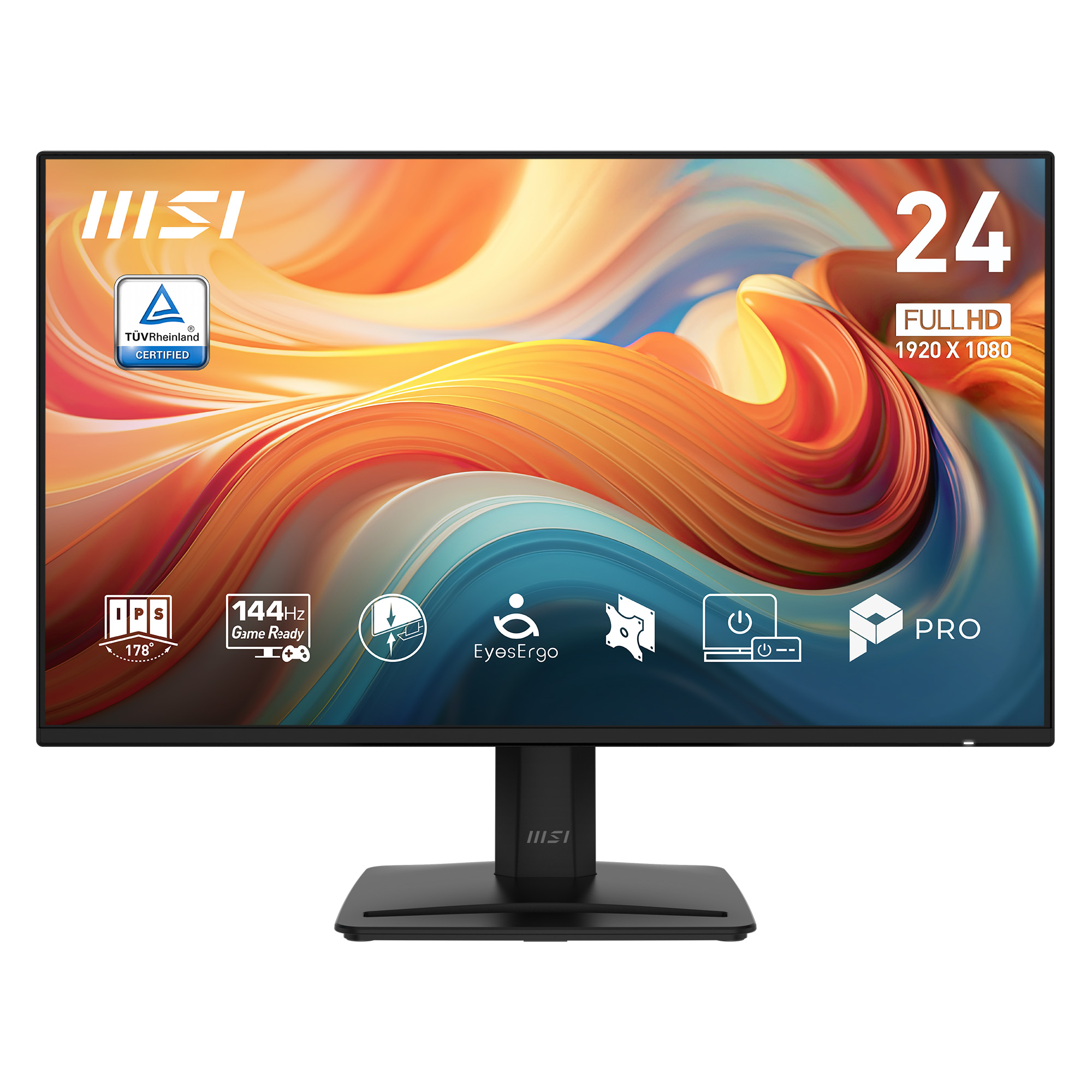 Een zwarte MSI 24-inch monitor, Full HD, 144Hz en Tüv Rheinland gecertificeerd.