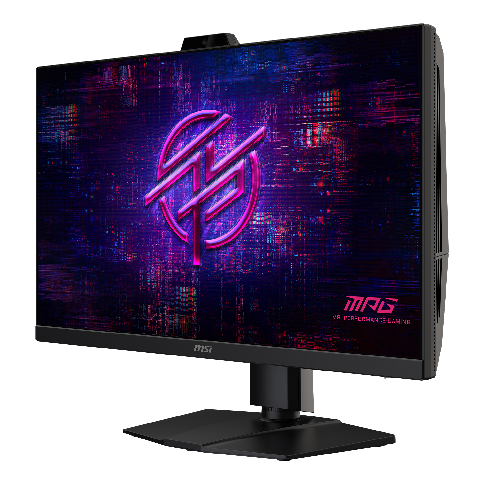Ein schwarzer MSI Gaming-Monitor mit einem fehlerhaften, lila-blauen abstrakten Hintergrund und einem pinken Logo.